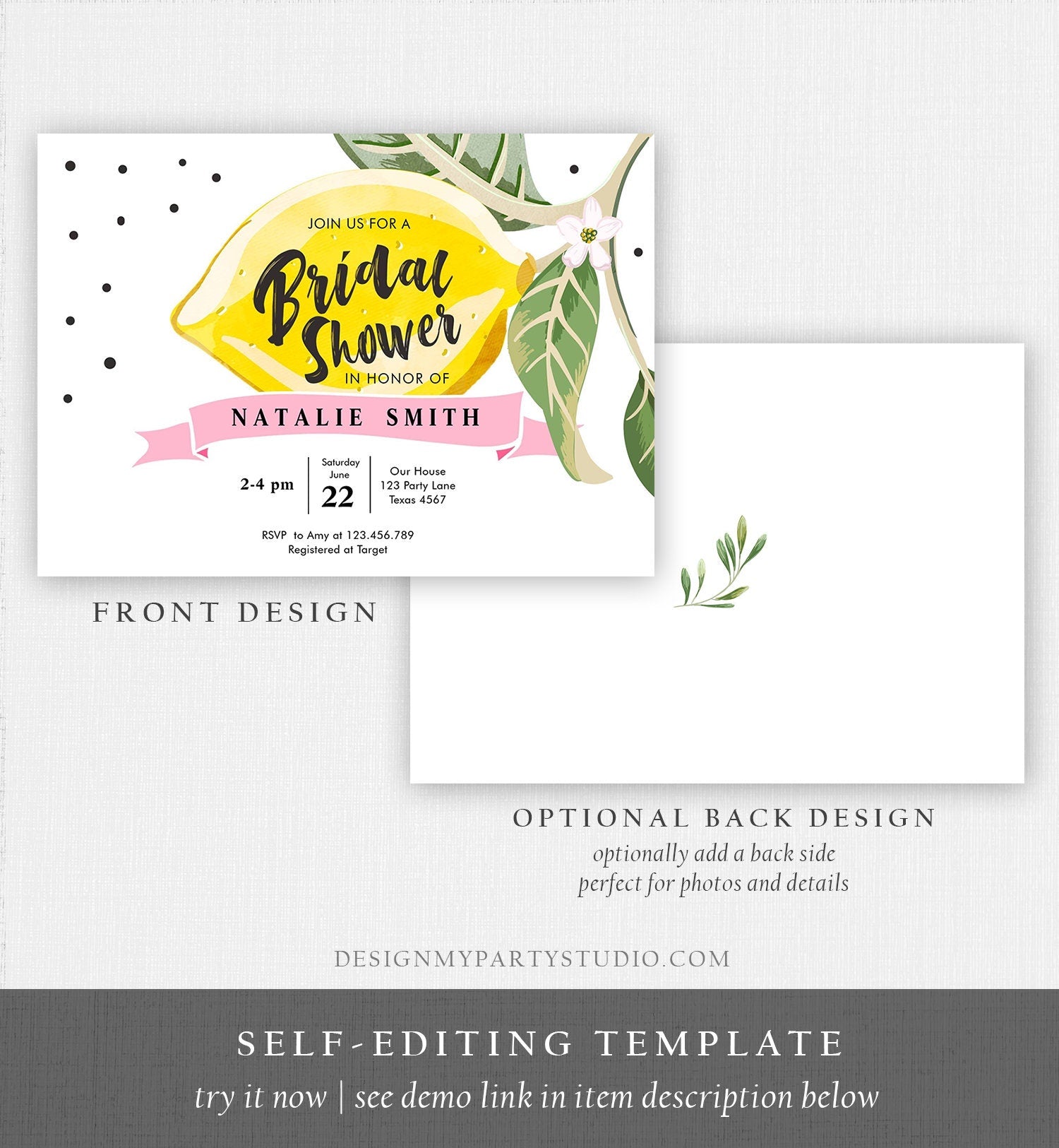 Editable Lemon Bridal Shower Invitation Bohemian Citrus Rustic Greenery Summer Wedding Lemonade Download Corjl Template Printable 0307