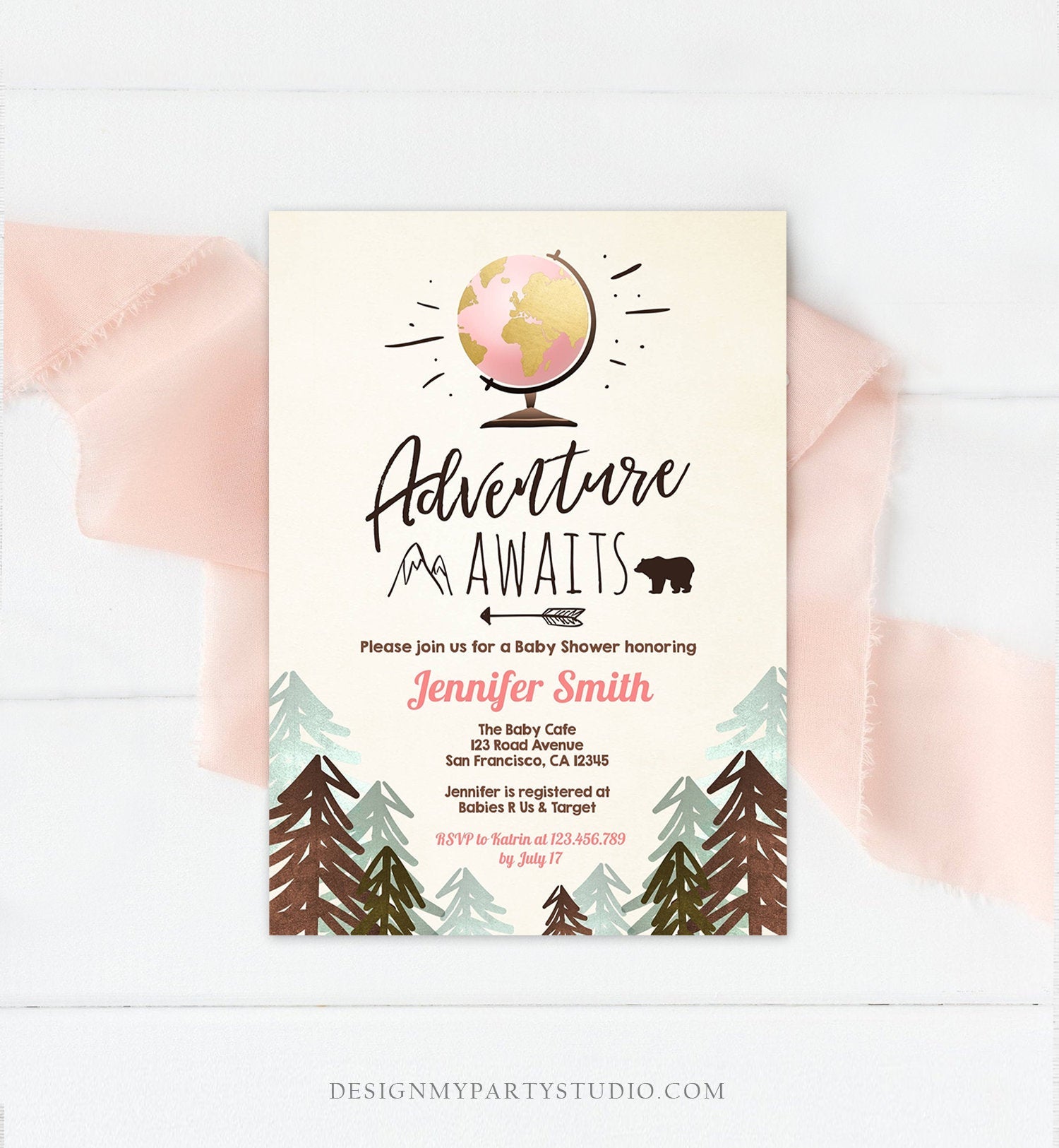 Editable Adventure Awaits Baby Shower Invitation Forest Woodland Vintage Globe Travel Around the World Digital Corjl Template Printable 0044