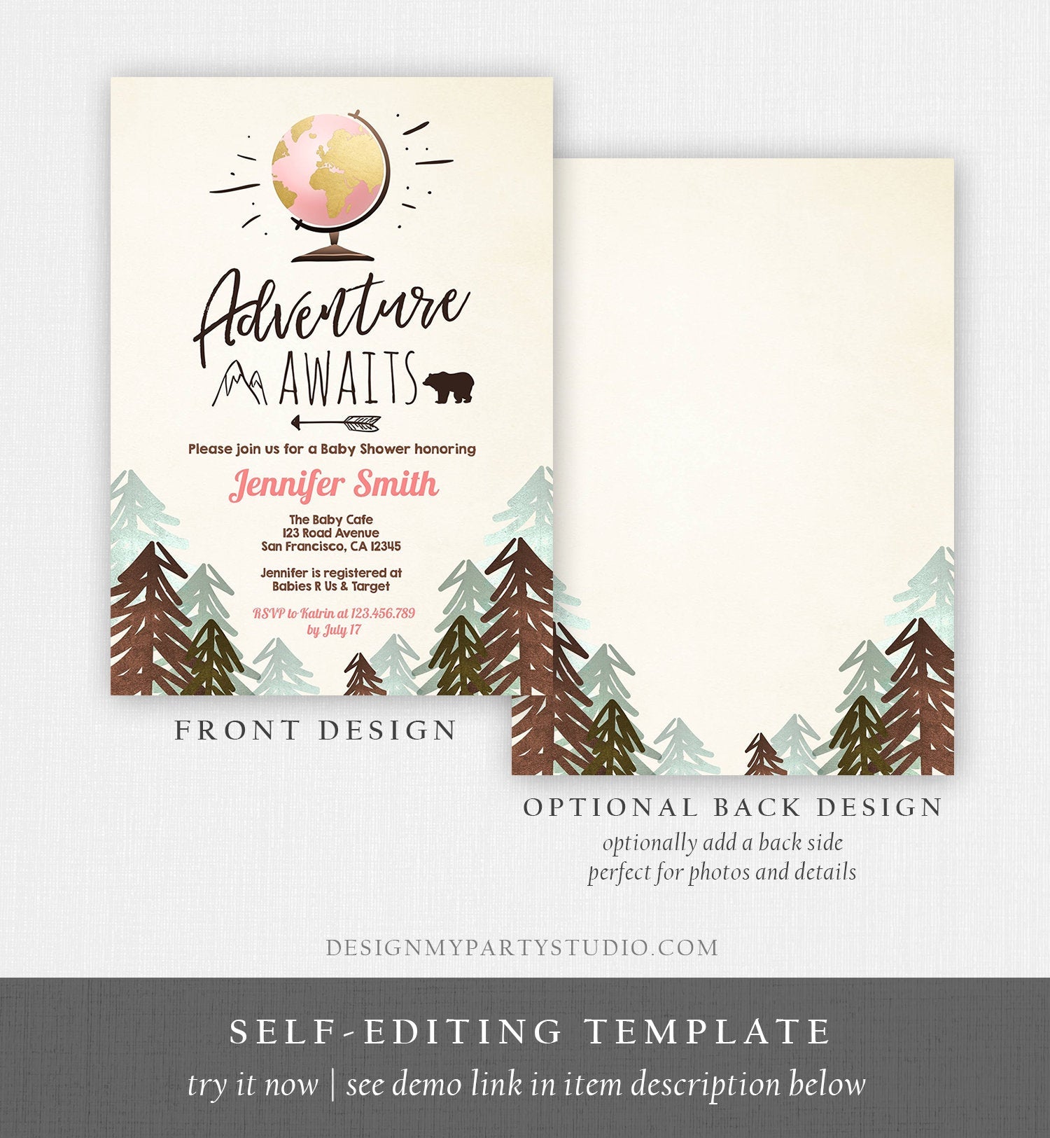 Editable Adventure Awaits Baby Shower Invitation Forest Woodland Vintage Globe Travel Around the World Digital Corjl Template Printable 0044