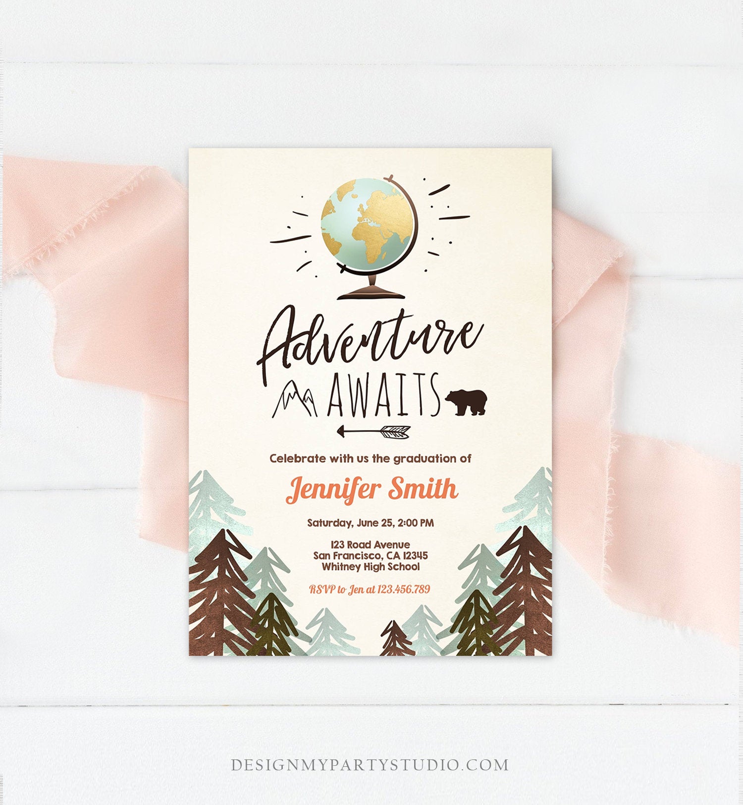 Editable Adventure Awaits Graduation Party Invitation Forest Woodland Vintage Travel College High School Grad Digital Corjl Template 0044