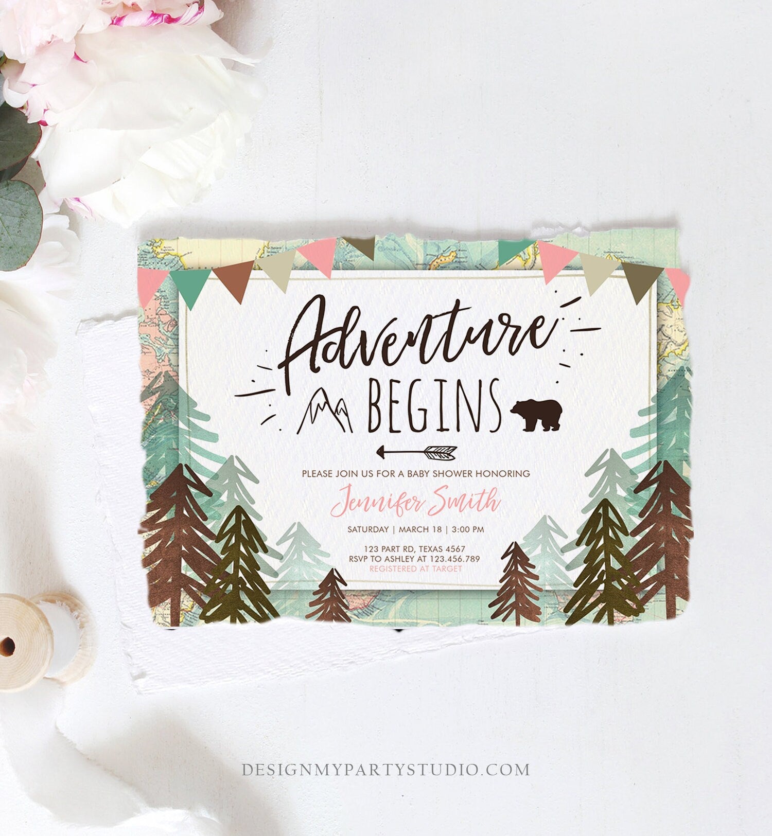 Editable Adventure Begins Baby Shower Invitation Forest Woodland Vintage Pink Travel Around the World Awaits Corjl Template Printable 0044