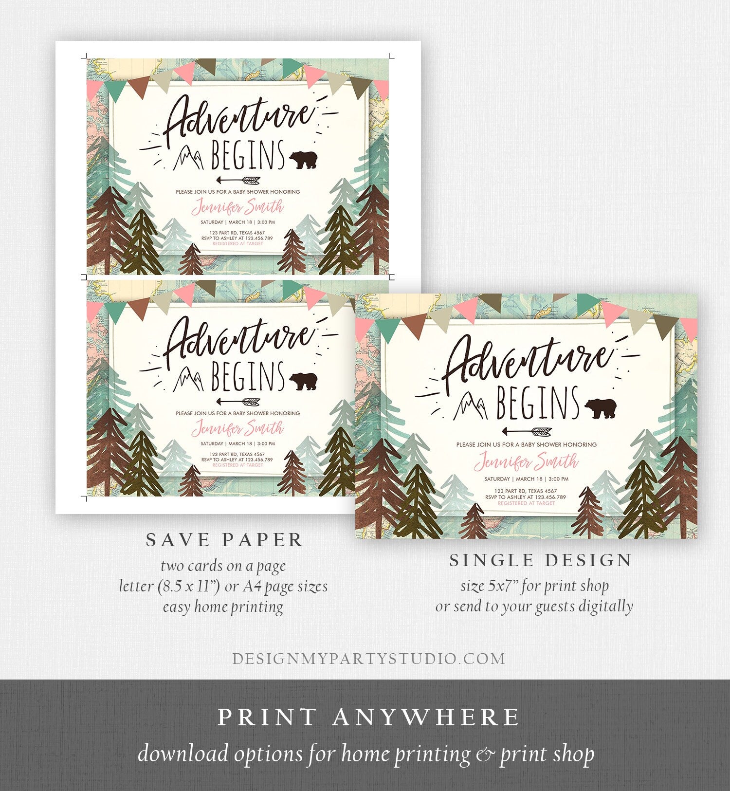 Editable Adventure Begins Baby Shower Invitation Forest Woodland Vintage Pink Travel Around the World Awaits Corjl Template Printable 0044