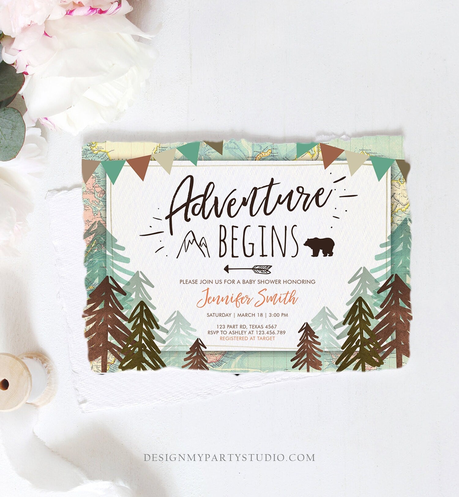 Editable Adventure Begins Baby Shower Invitation Forest Woodland Vintage Globe Travel Around the World Awaits Corjl Template Printable 0044