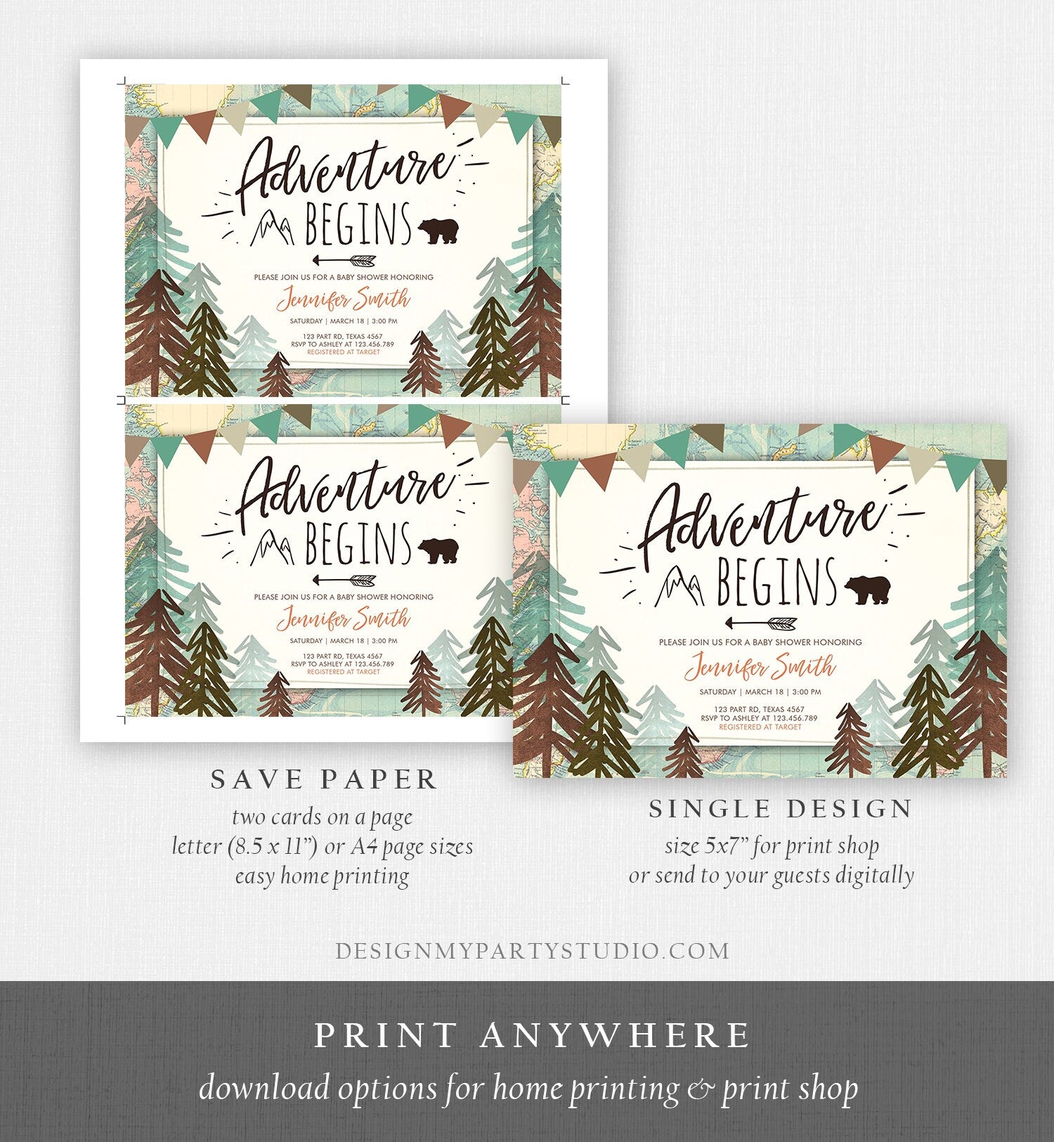 Editable Adventure Begins Baby Shower Invitation Forest Woodland Vintage Globe Travel Around the World Awaits Corjl Template Printable 0044