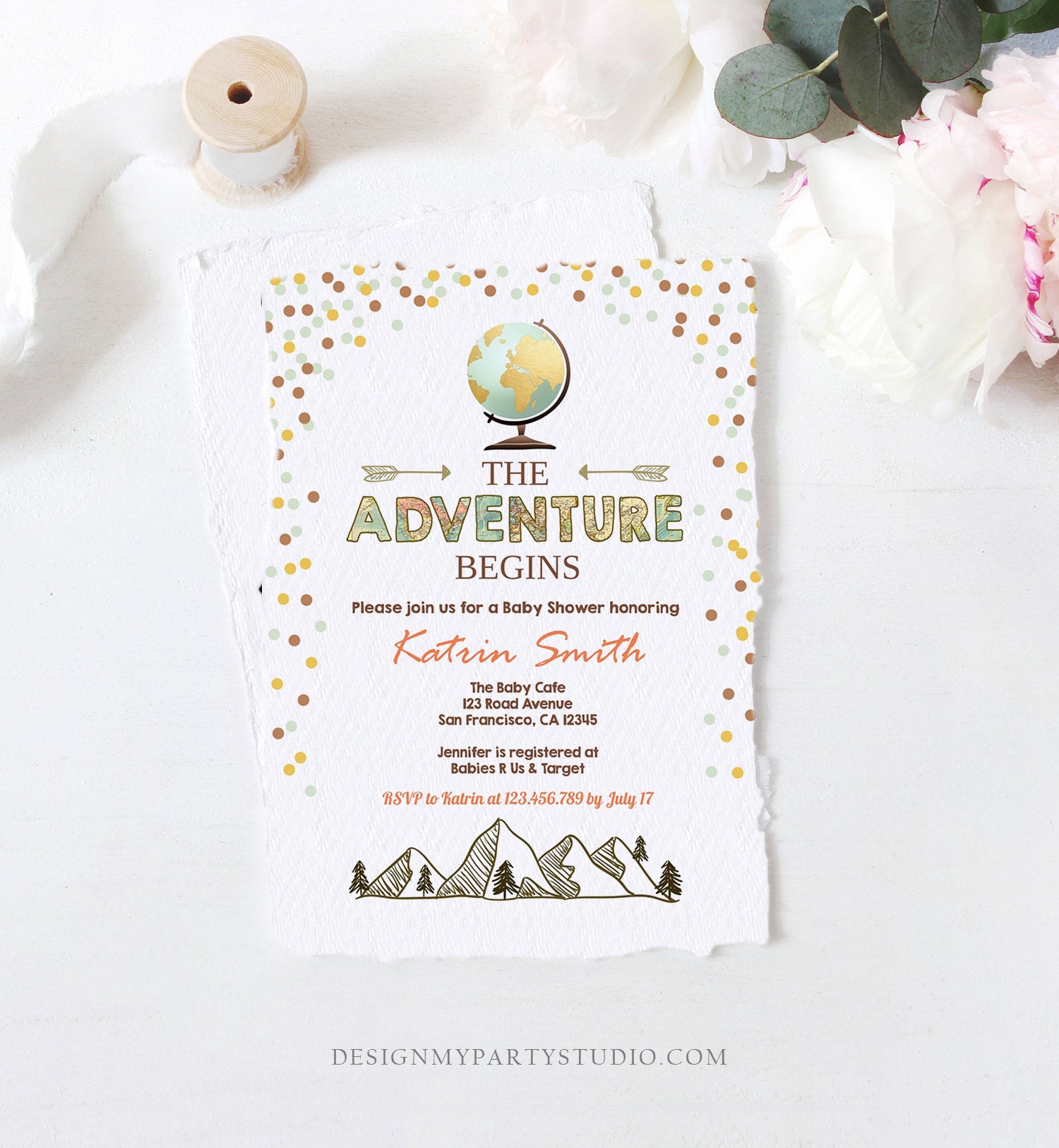 Editable Adventure Begins Baby Shower Invitation Forest Mountains Vintage Globe Travel Around World Digital Corjl Template Printable 0044