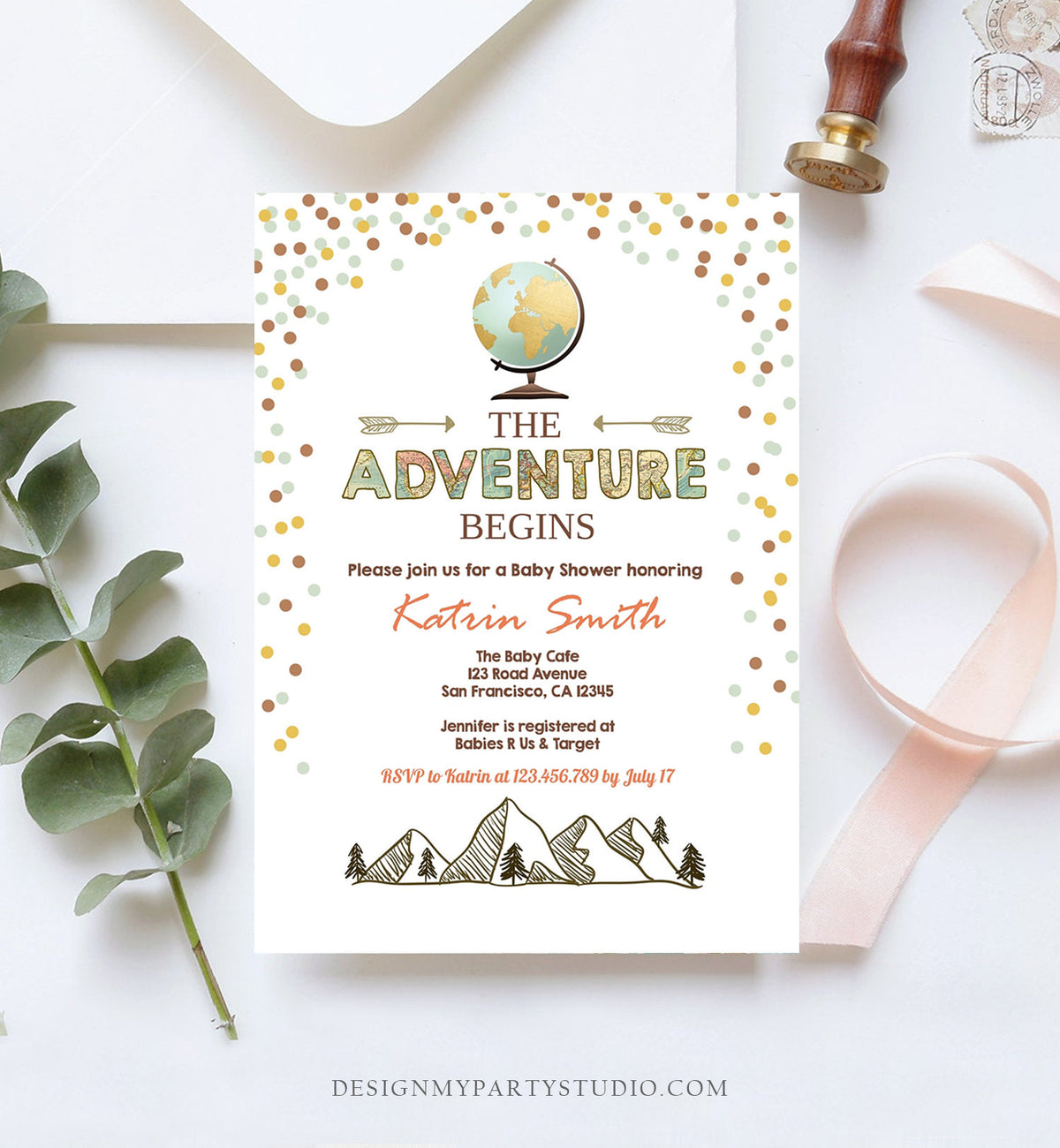 Editable Adventure Begins Baby Shower Invitation Forest Mountains Vintage Globe Travel Around World Digital Corjl Template Printable 0044