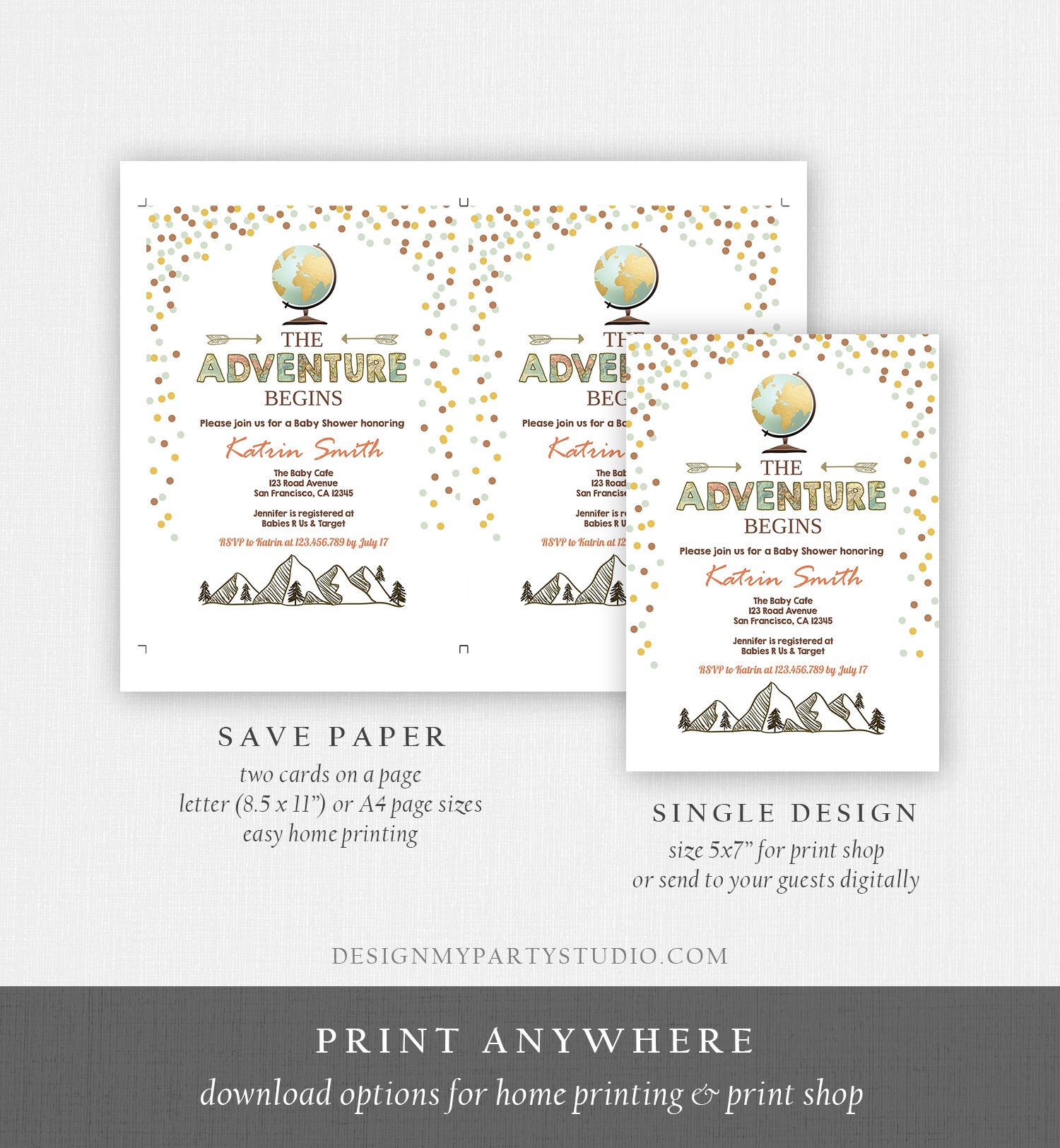 Editable Adventure Begins Baby Shower Invitation Forest Mountains Vintage Globe Travel Around World Digital Corjl Template Printable 0044