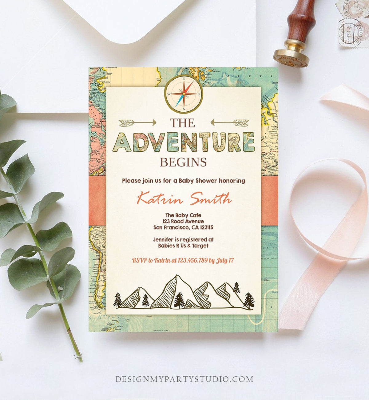 Editable Adventure Begins Baby Shower Invitation Forest Mountains Vintage World Map Travel Around Digital Corjl Template Printable 0044