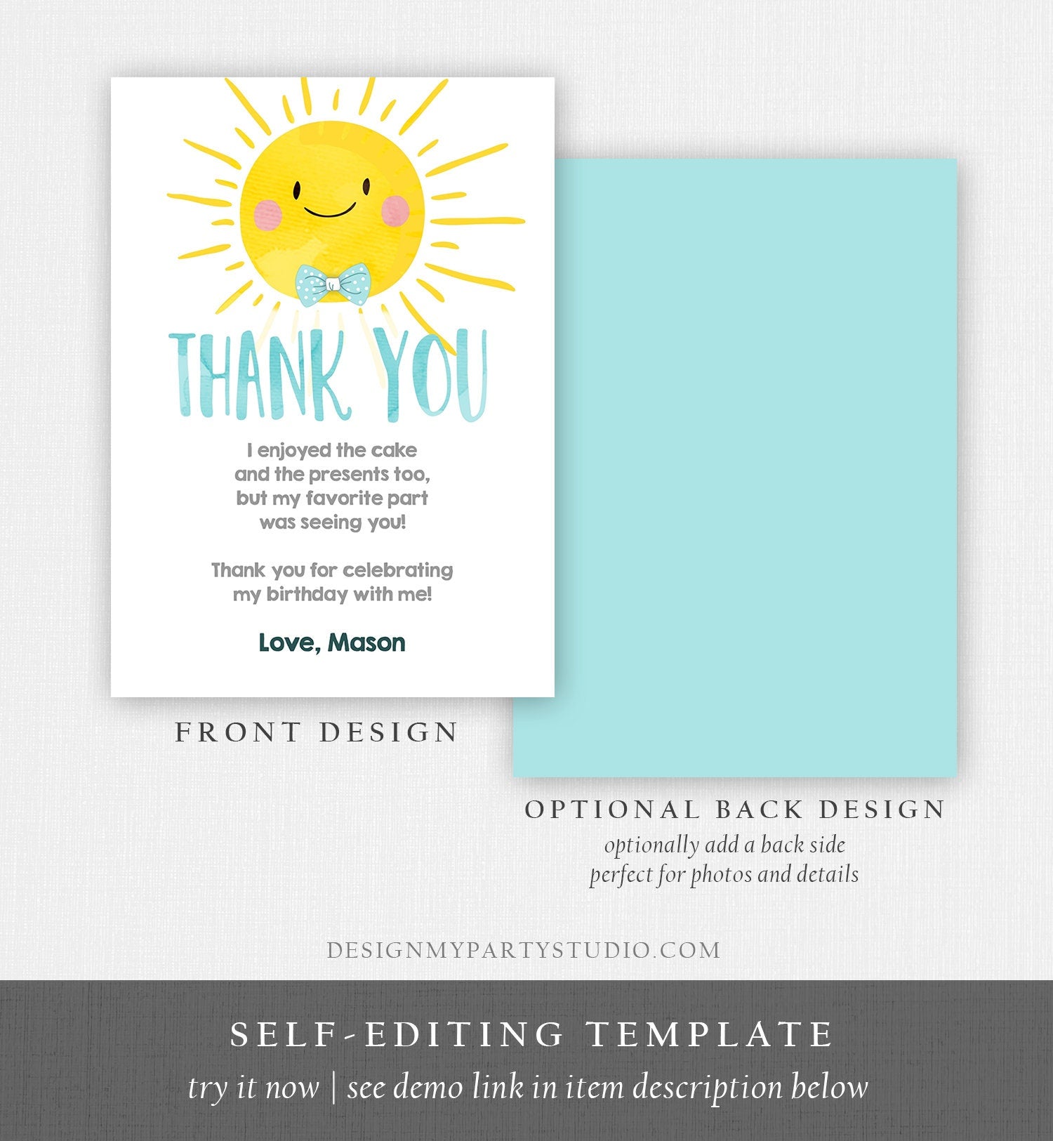 Editable Little Sunshine Thank You Card Birthday Party Blue Boy Bow Baby Shower First Birthday 1st Digital Corjl Template Printable 0141