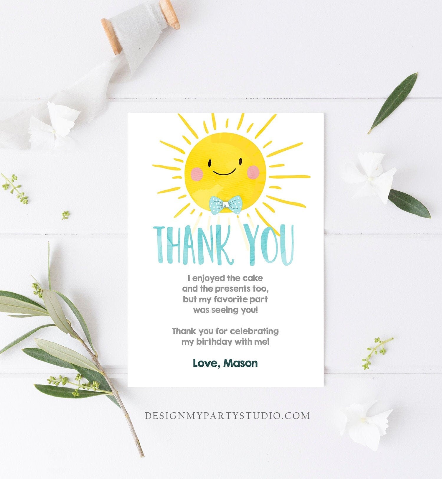 Editable Little Sunshine Thank You Card Birthday Party Blue Boy Bow Baby Shower First Birthday 1st Digital Corjl Template Printable 0141