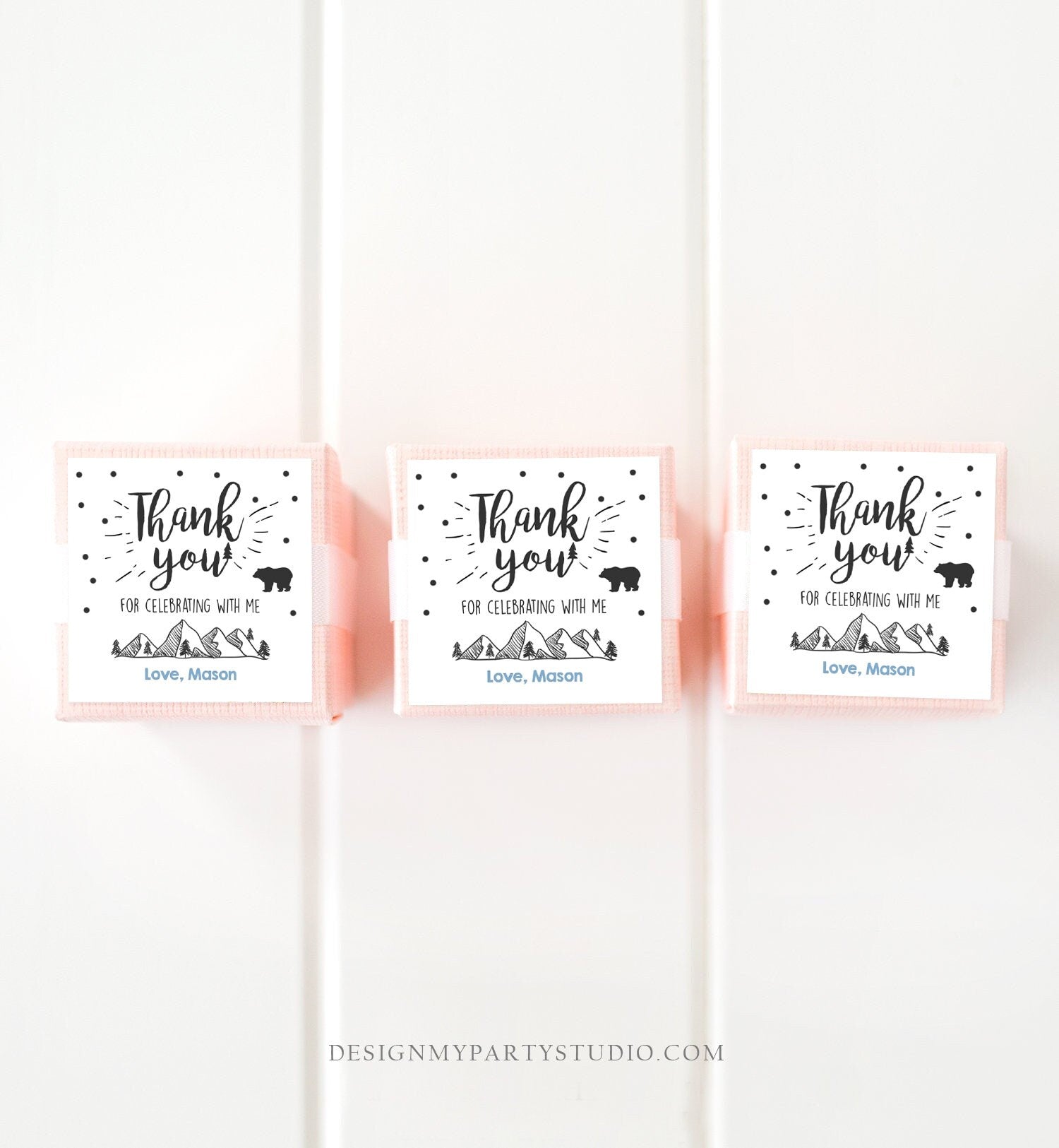 Editable Adventure Thank You Tags Boy Birthday Mountains Bear Woodland Wild One Stickers Favor Round Square Onederful Corjl Template 0083