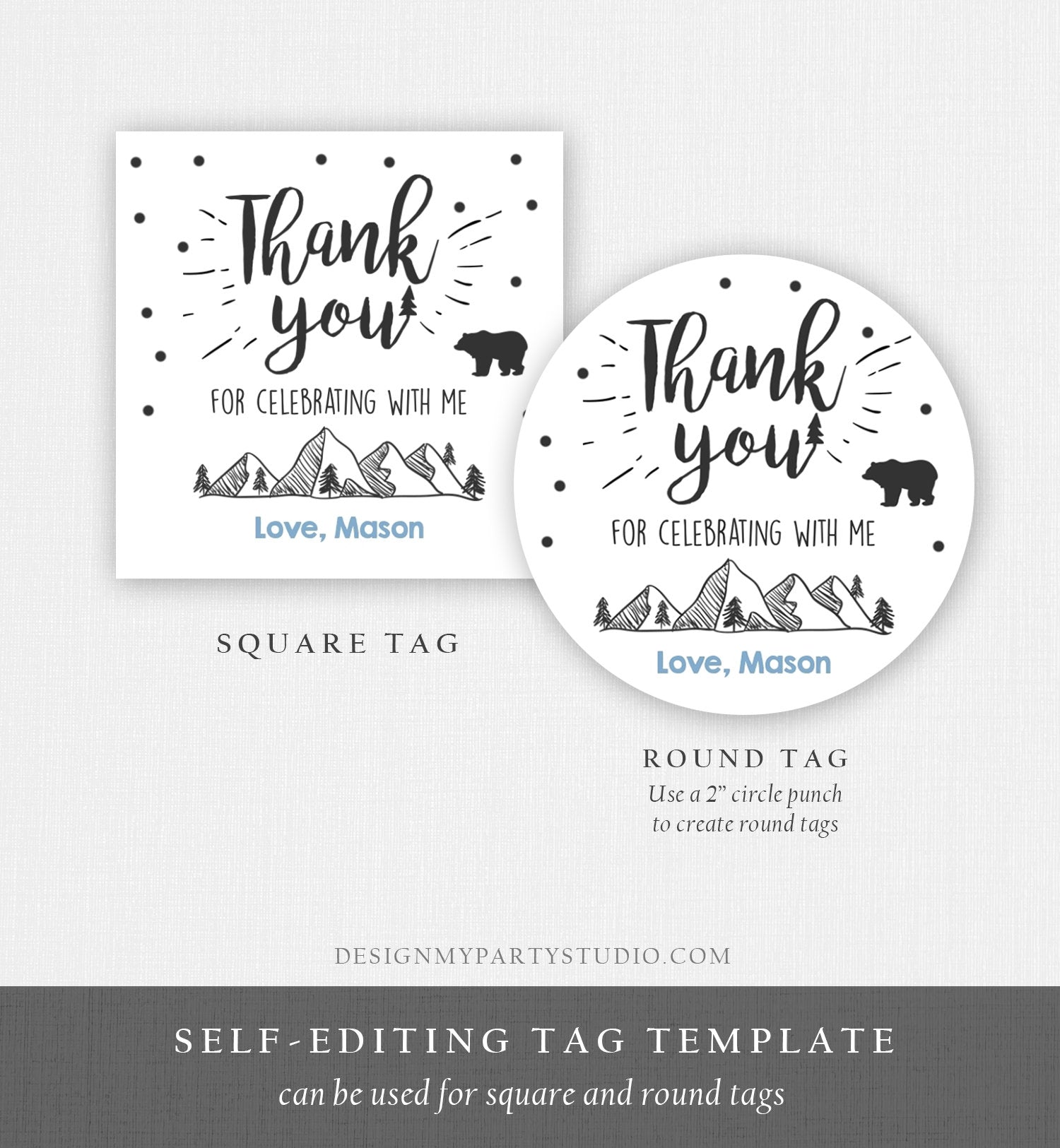 Editable Adventure Thank You Tags Boy Birthday Mountains Bear Woodland Wild One Stickers Favor Round Square Onederful Corjl Template 0083