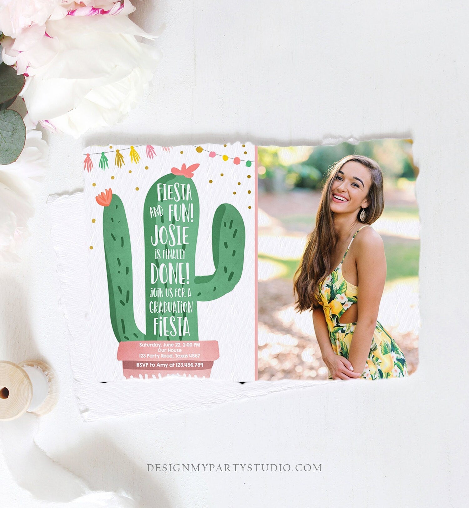 Editable Graduation Fiesta and Fun Party Invitation Finally Done Let's Fiesta Cactus College High School Grad Corjl Template Printable 0255