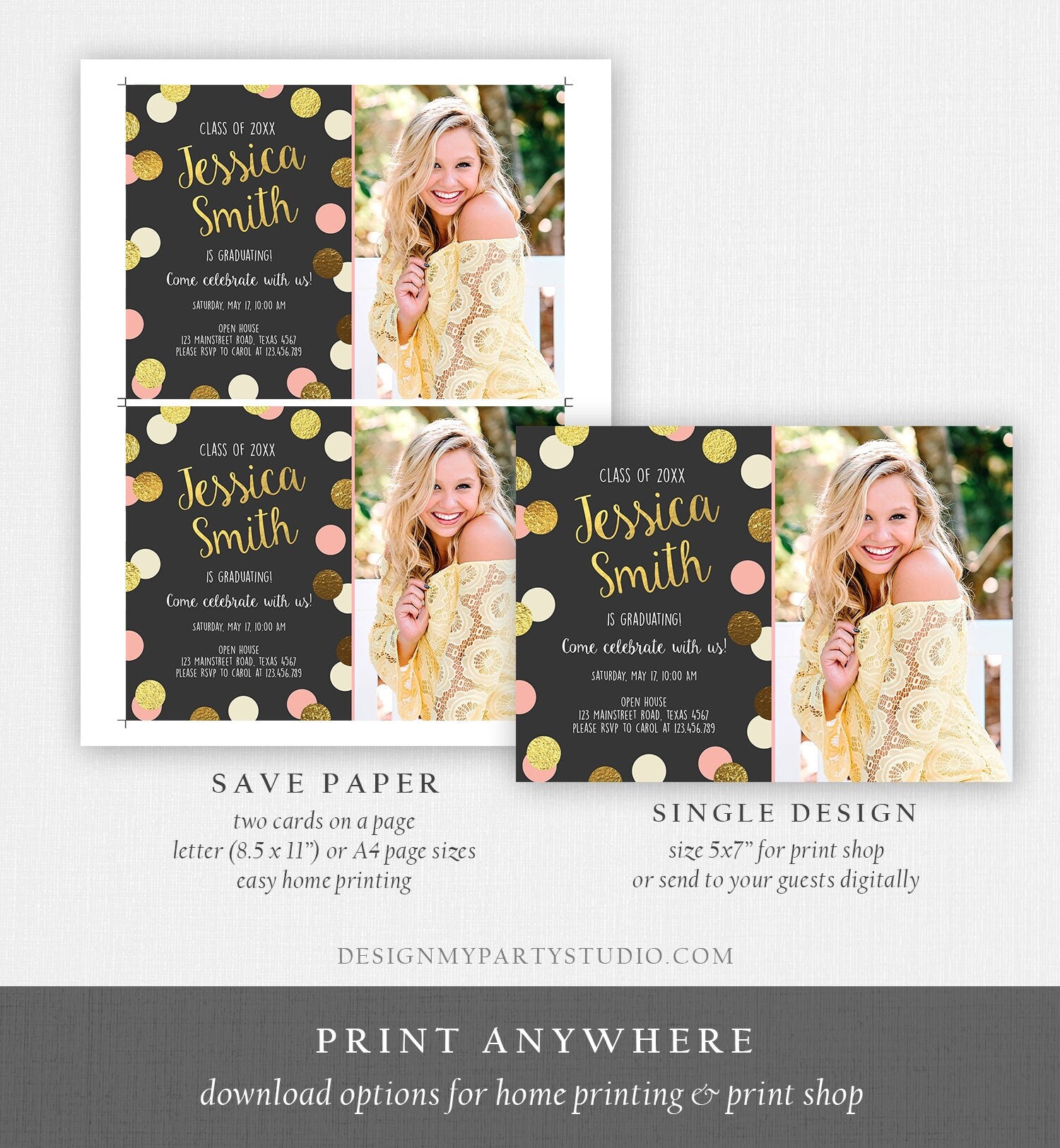 Editable Graduation Party Invitation Gold Pink Girl Polka Dots Glamorous College High School Grad Download Corjl Template Printable 0304