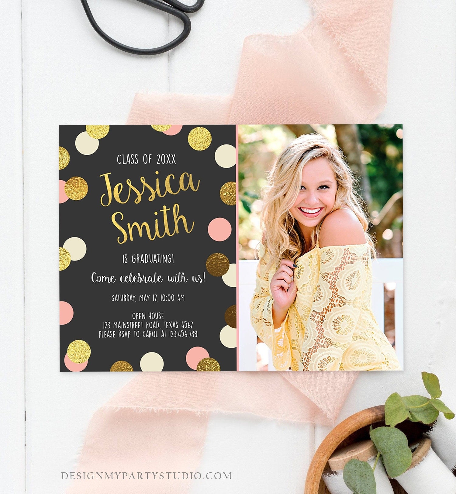 Editable Graduation Party Invitation Gold Pink Girl Polka Dots Glamorous College High School Grad Download Corjl Template Printable 0304