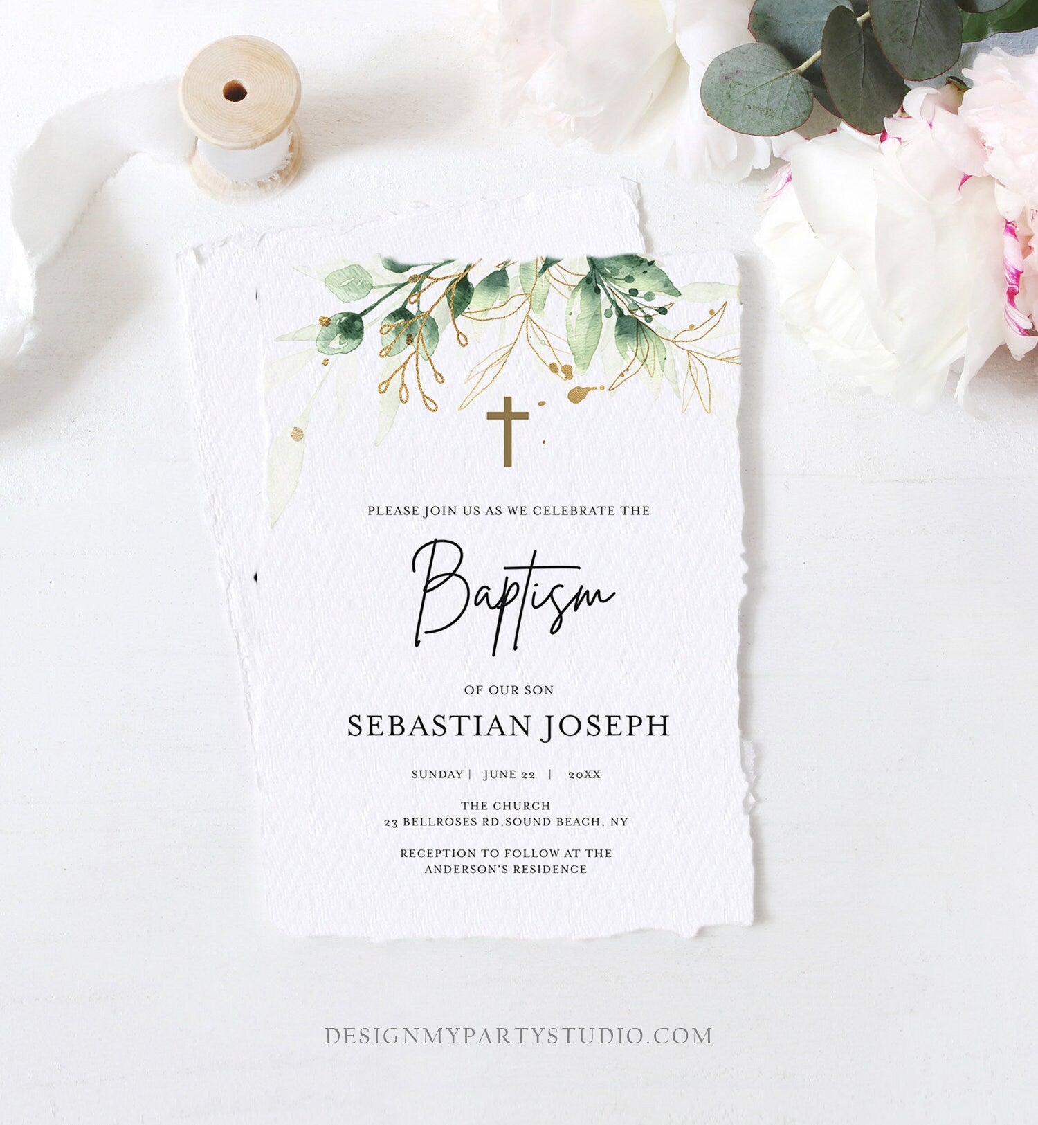 Editable Greenery Baptism Invitation Boy Girl Baptism Gold Leaves Foliage Christening Download Corjl Template Printable 0168