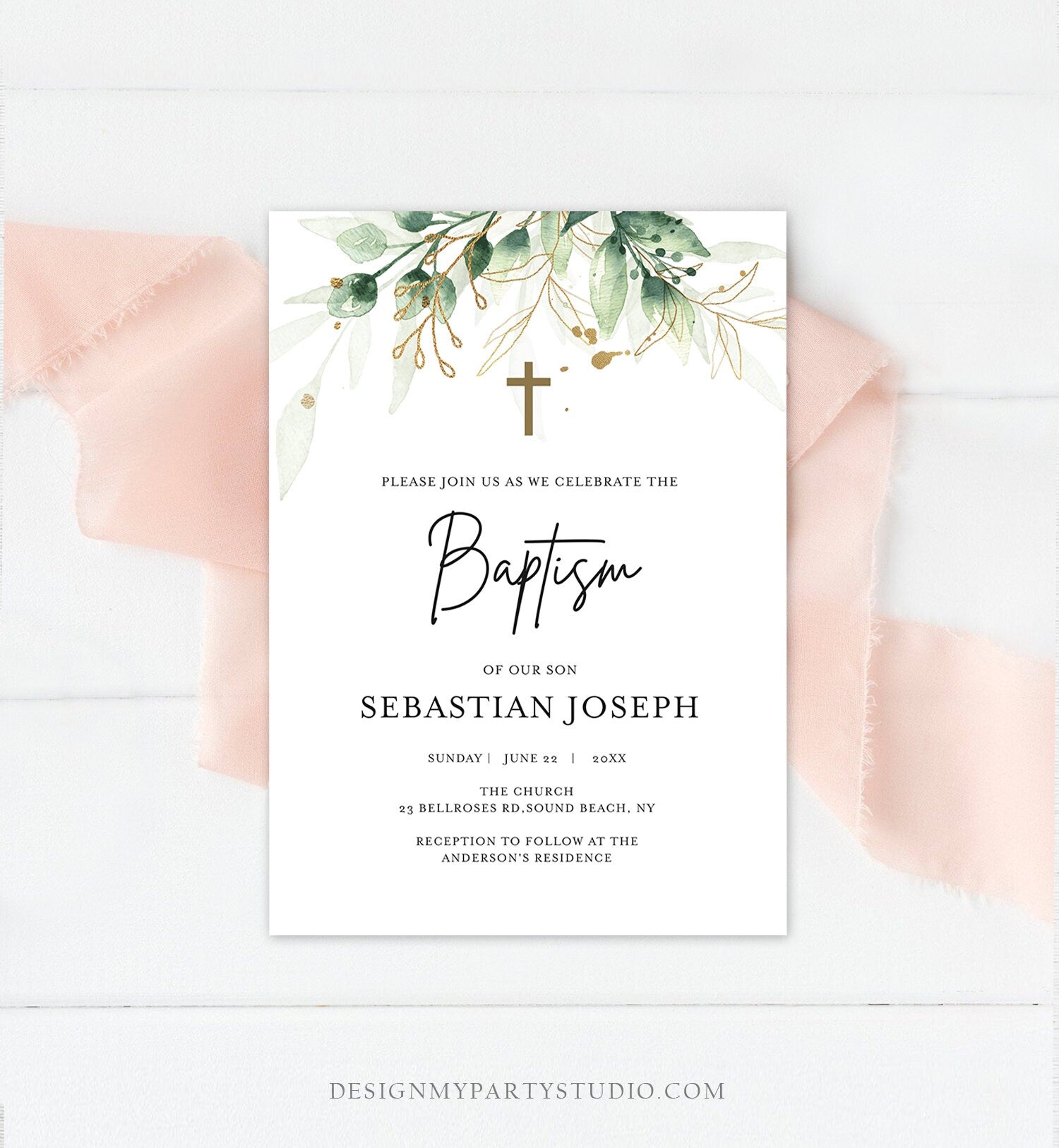 Editable Greenery Baptism Invitation Boy Girl Baptism Gold Leaves Foliage Christening Download Corjl Template Printable 0168