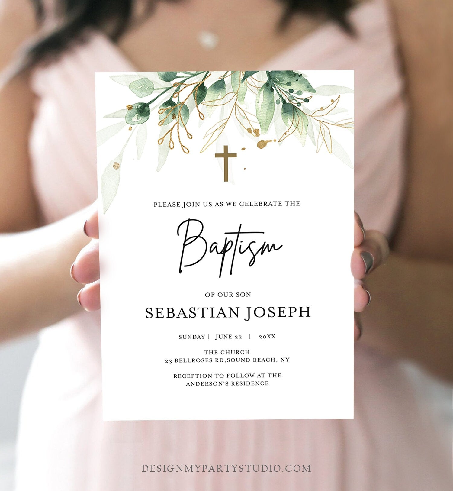 Editable Greenery Baptism Invitation Boy Girl Baptism Gold Leaves Foliage Christening Download Corjl Template Printable 0168