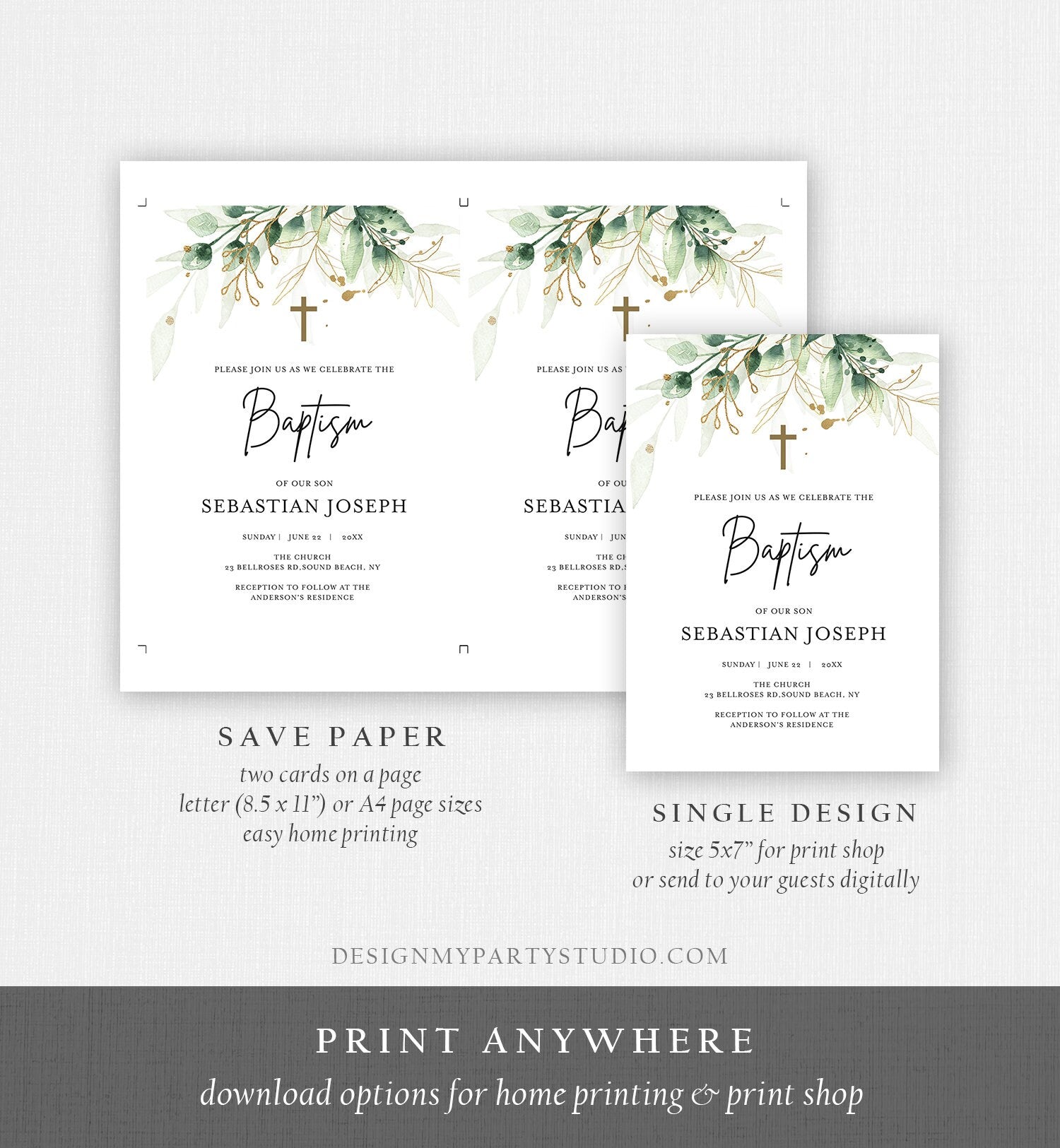 Editable Greenery Baptism Invitation Boy Girl Baptism Gold Leaves Foliage Christening Download Corjl Template Printable 0168