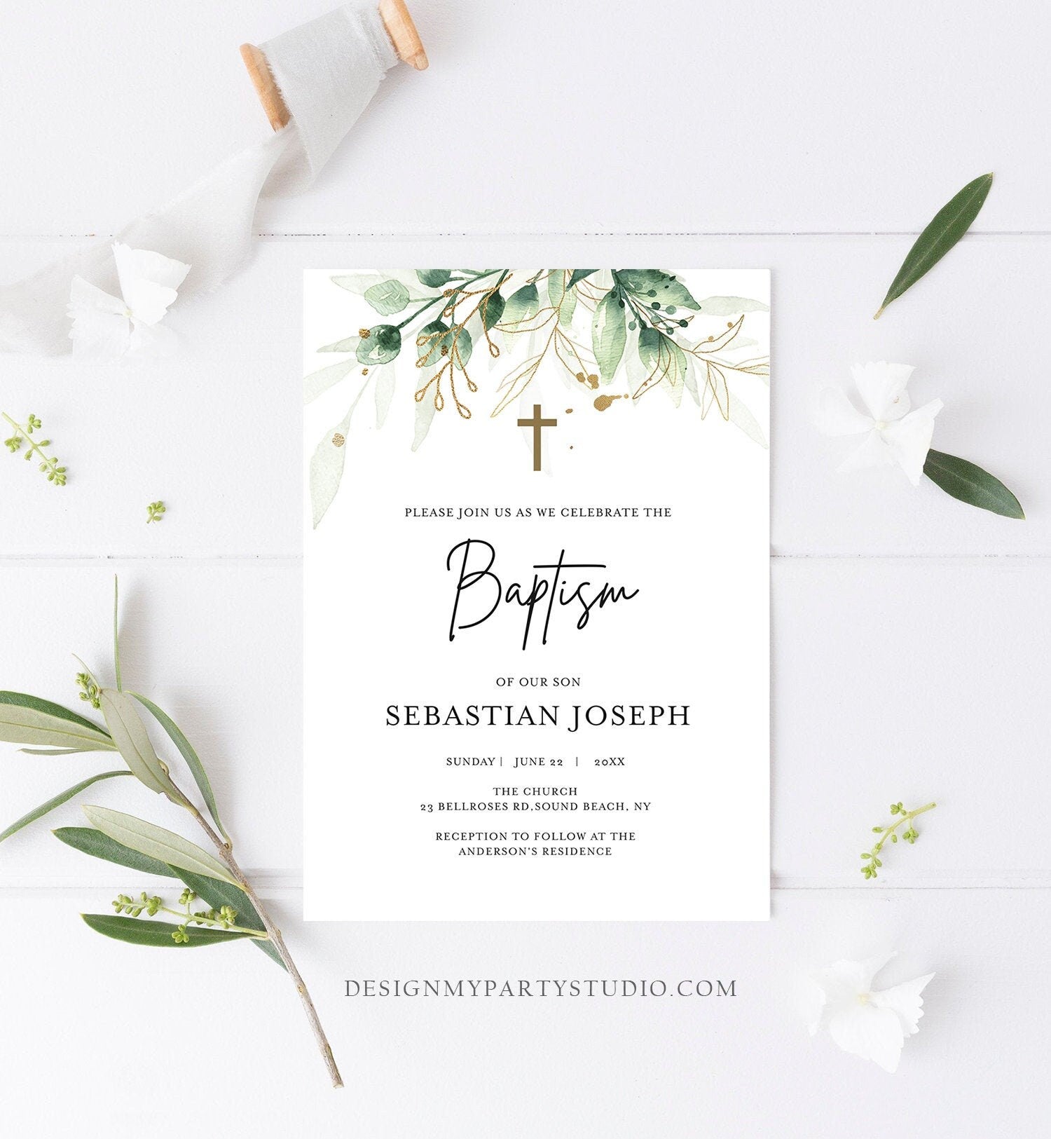 Editable Greenery Baptism Invitation Boy Girl Baptism Gold Leaves Foliage Christening Download Corjl Template Printable 0168