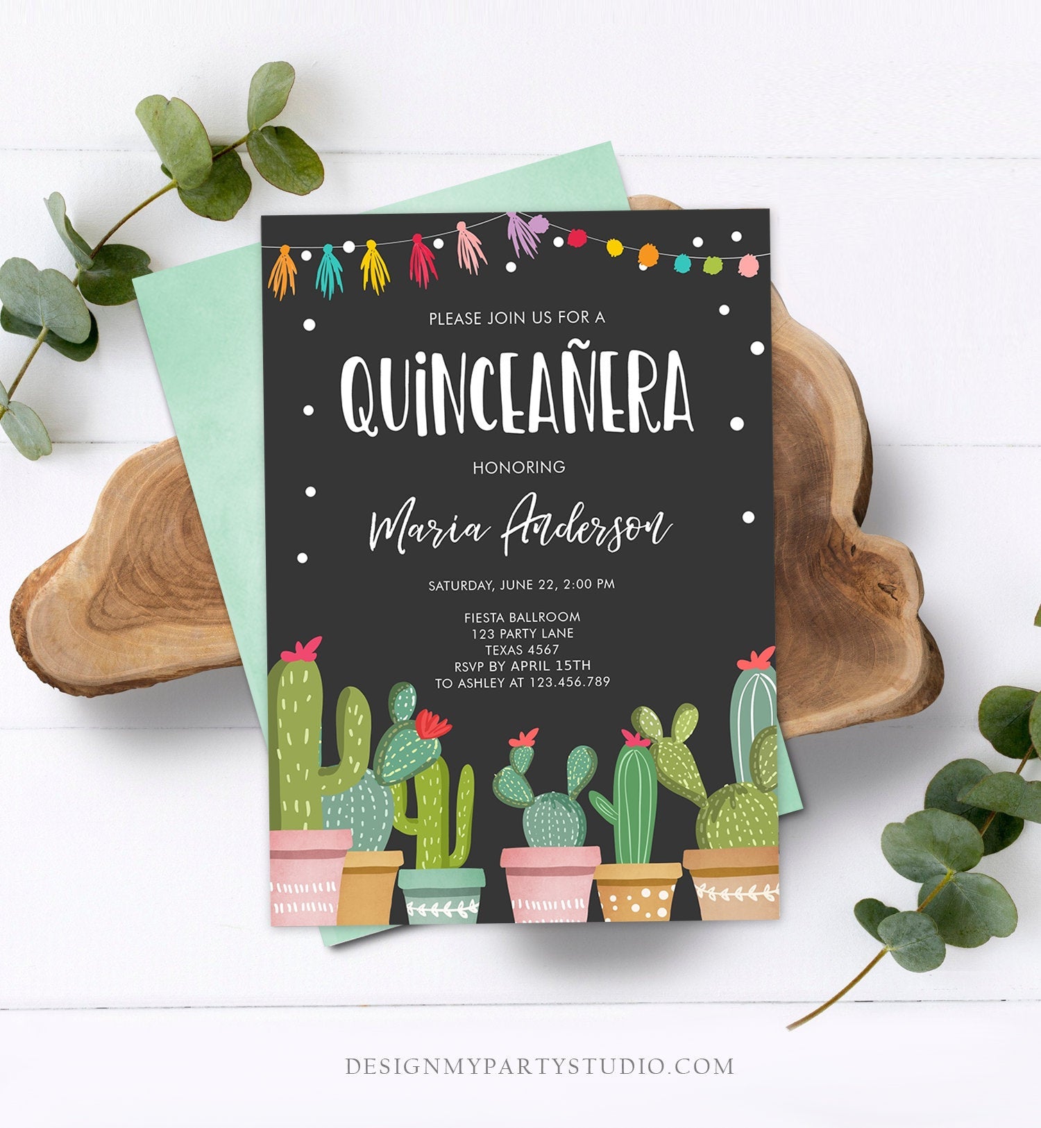 Editable Quinceañera Birthday Invitation Cactus Mexican Fiesta 15th Birthday Miss Quince Anos Girl Quinceanera Download Corjl Template 0254