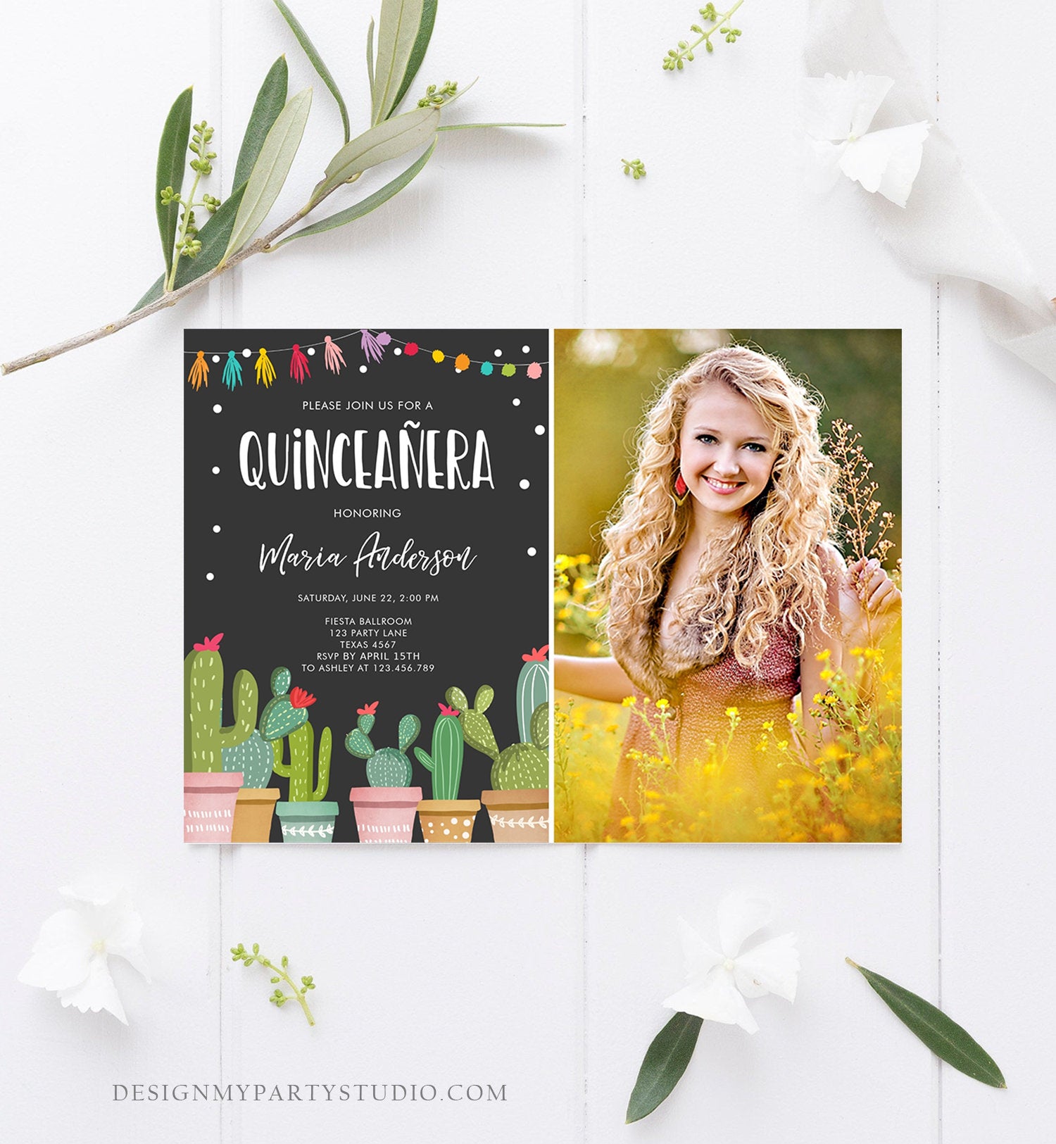 Editable Quinceañera Birthday Invitation Cactus Mexican Fiesta 15th Birthday Miss Quince Anos Girl Quinceanera Download Corjl Template 0254