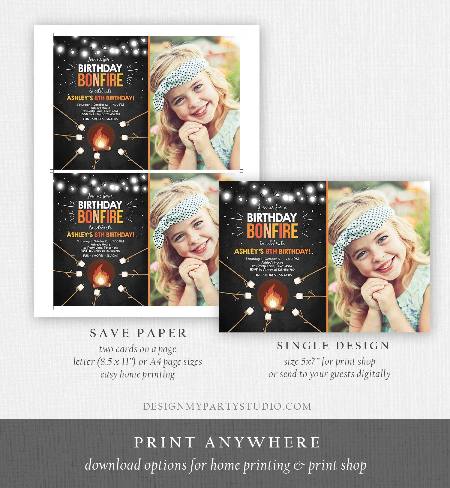 Editable Birthday Bonfire Invitation Camping Smore Fun Cookout Party S'more Birthday Download Printable Invite Template Corjl Digital 0014