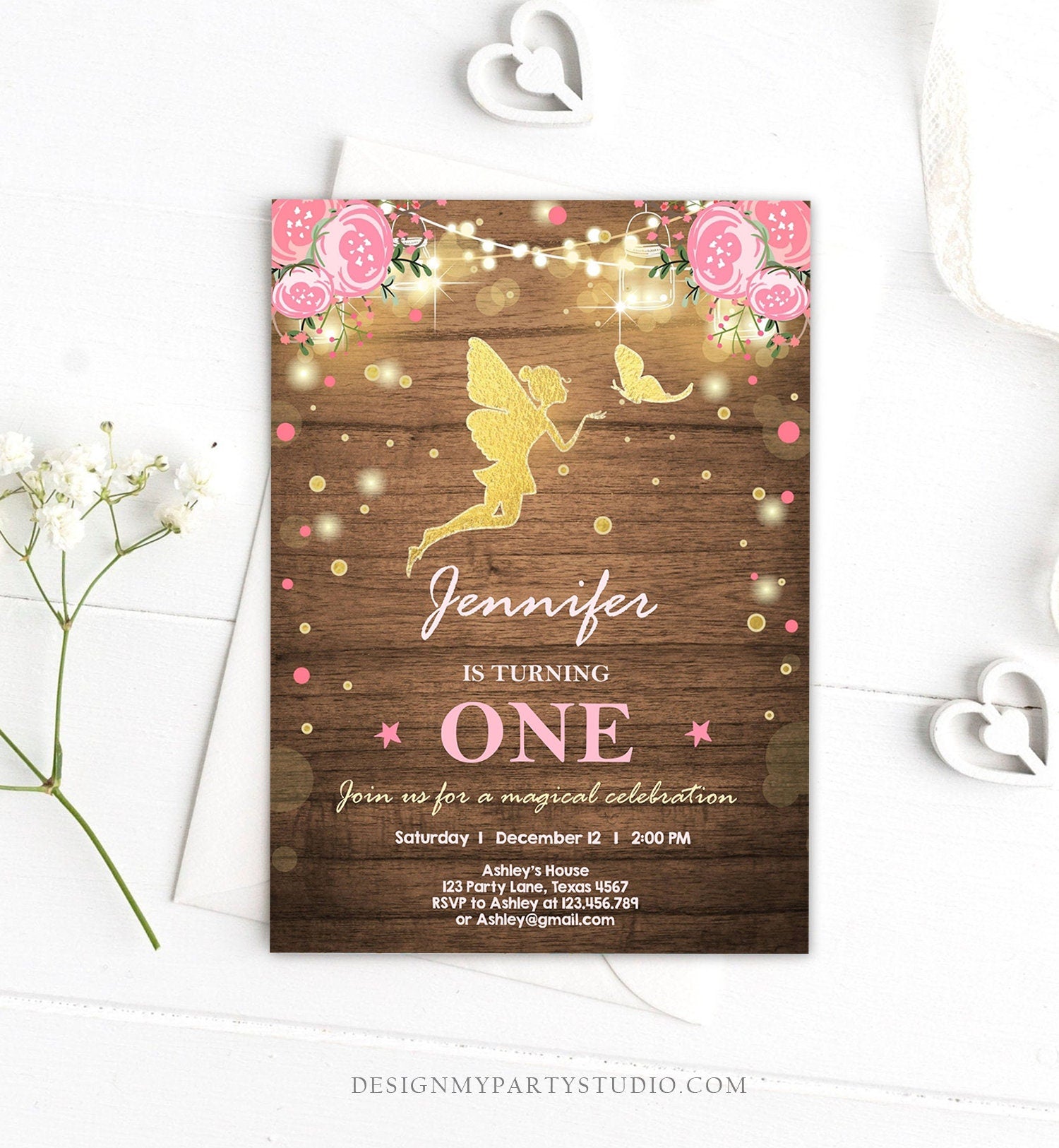 Editable Fairy Birthday invitation Magical Fairy Invite Fairy Party Girl Pink Gold Floral Download Printable Invitation Template Corjl 0208