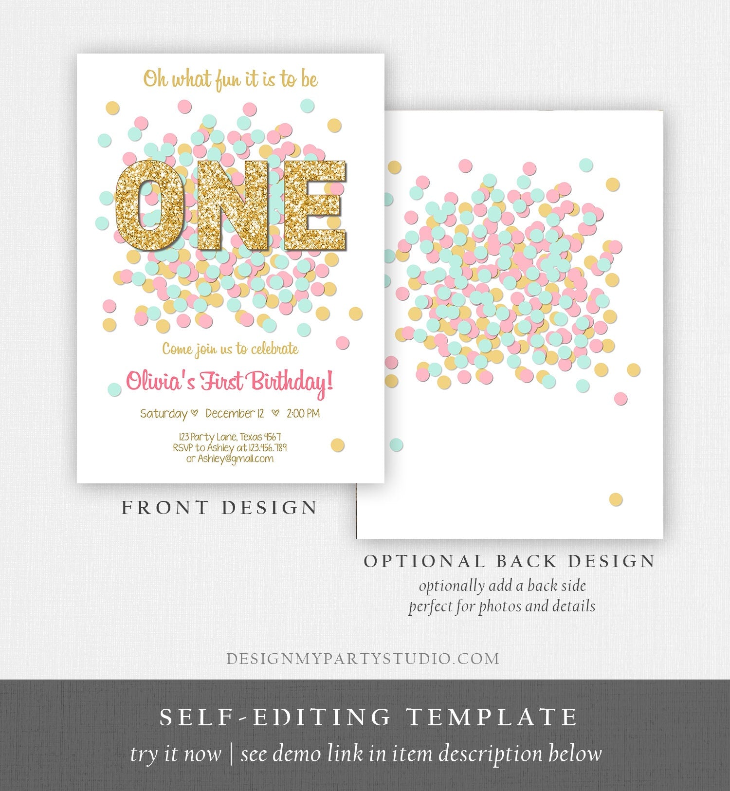 Editable Birthday Invitation ANY AGE Girl Birthday Invite Pink Mint Gold Confetti 1st Birthday 2nd First Download Printable Template Corjl