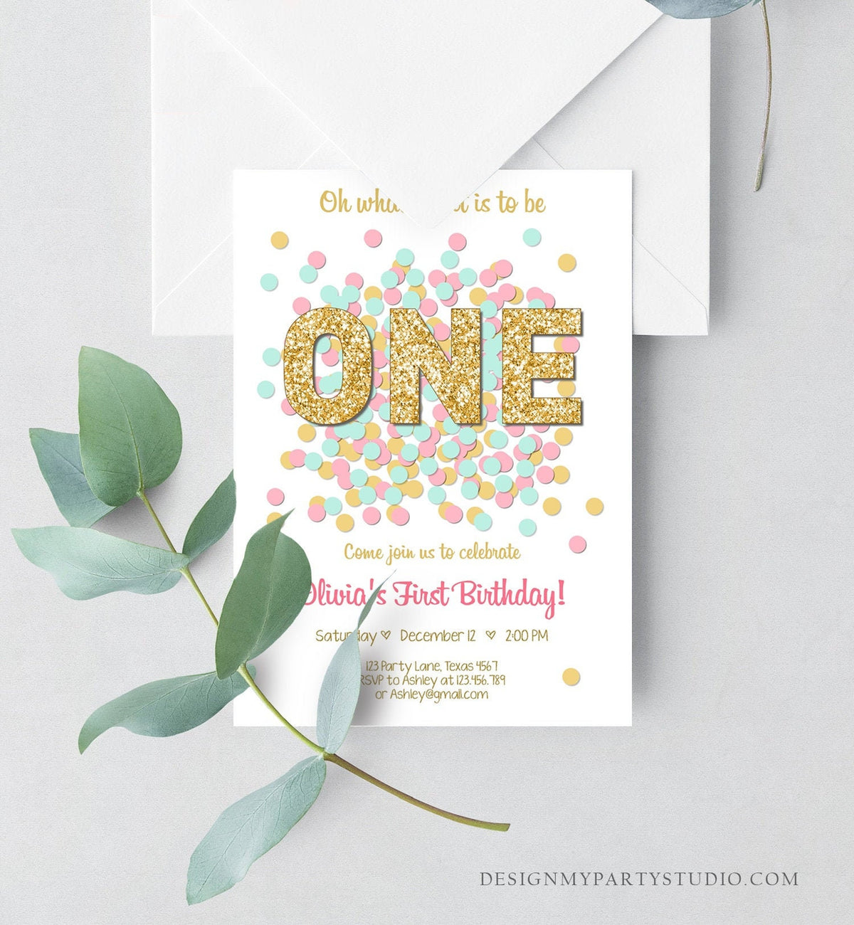 Editable Birthday Invitation ANY AGE Girl Birthday Invite Pink Mint Gold Confetti 1st Birthday 2nd First Download Printable Template Corjl