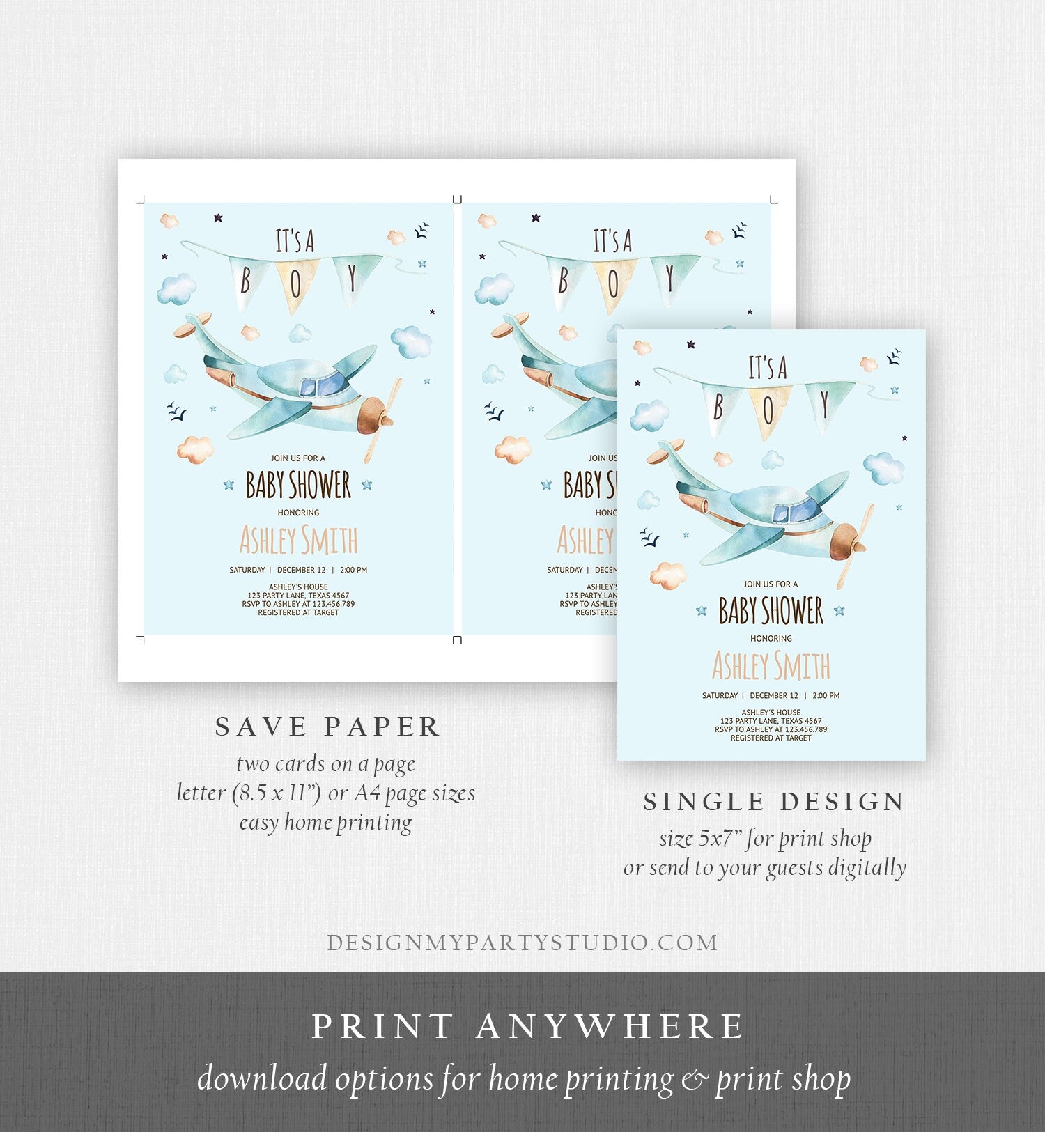 Editable Airplane Baby Shower Invitation Vintage Airplane Blue Adventure Boy Baby Shower Up Up and Away Template Digital Download Corjl 0185