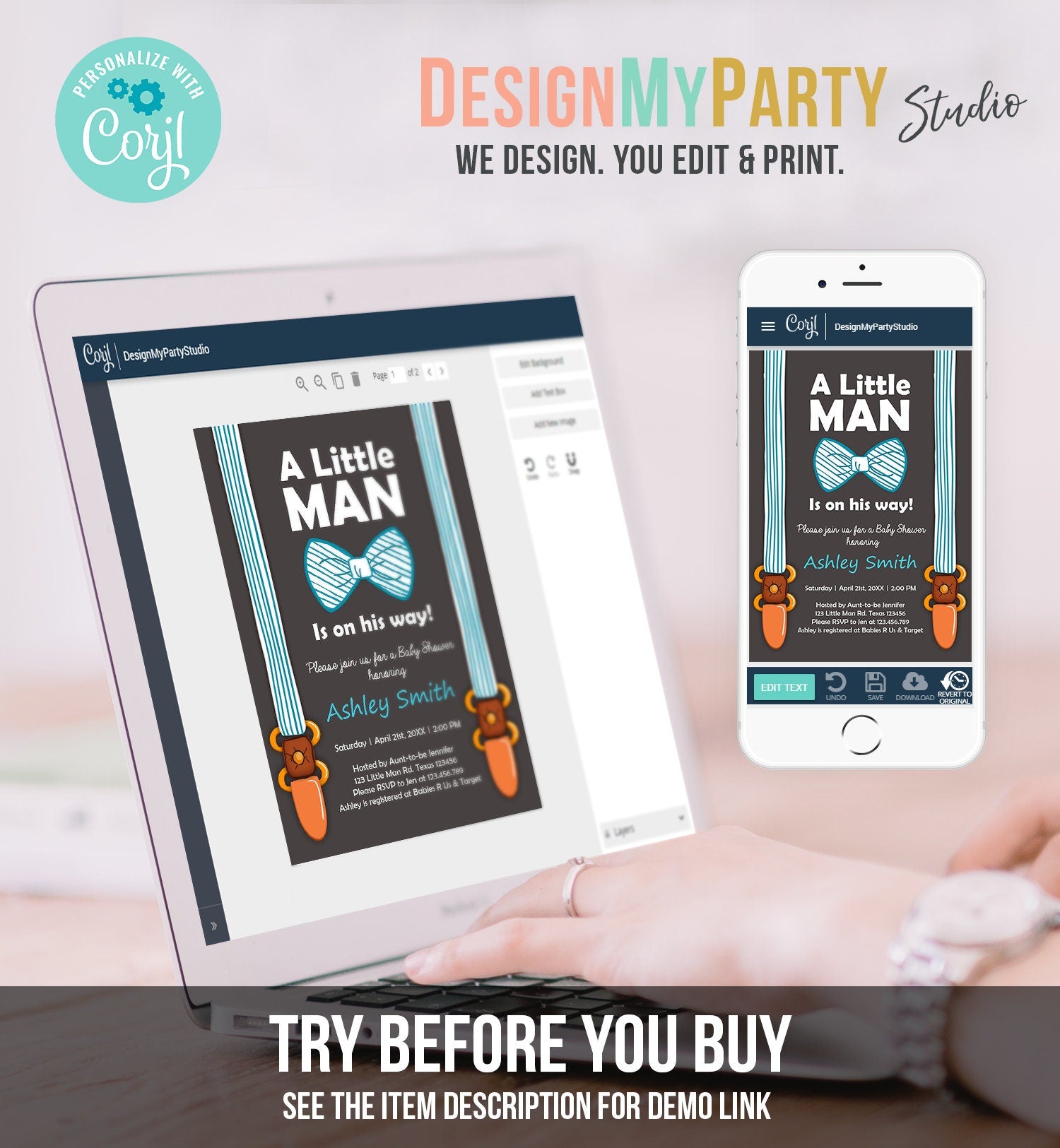 Editable Baby Shower Invitation Boy Little Man Baby Shower Bow Tie Blue Brown Instant Download Printable Template Corjl Digital 0063