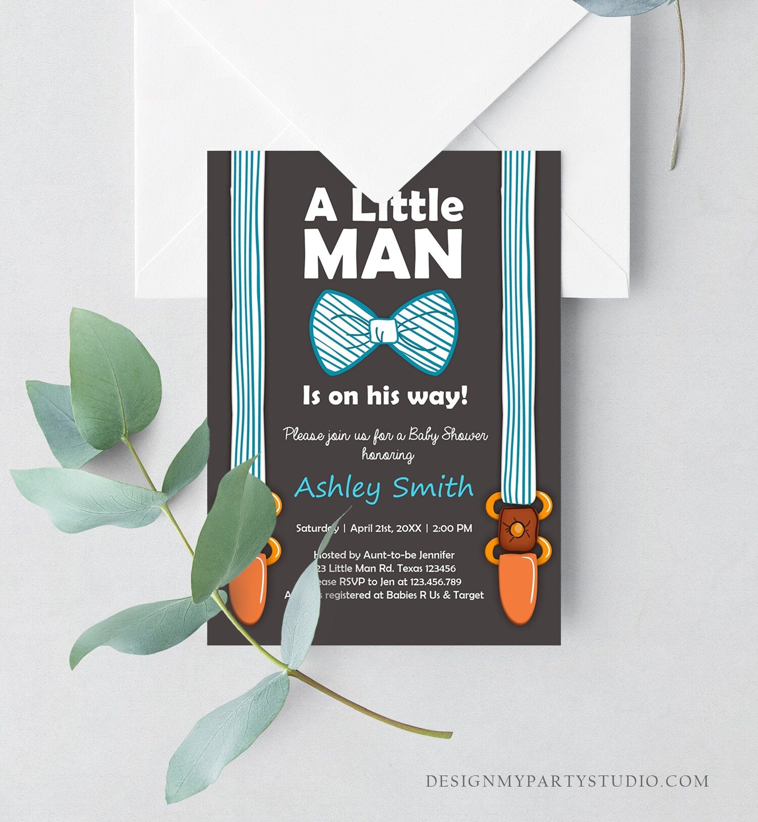 Editable Baby Shower Invitation Boy Little Man Baby Shower Bow Tie Blue Brown Instant Download Printable Template Corjl Digital 0063