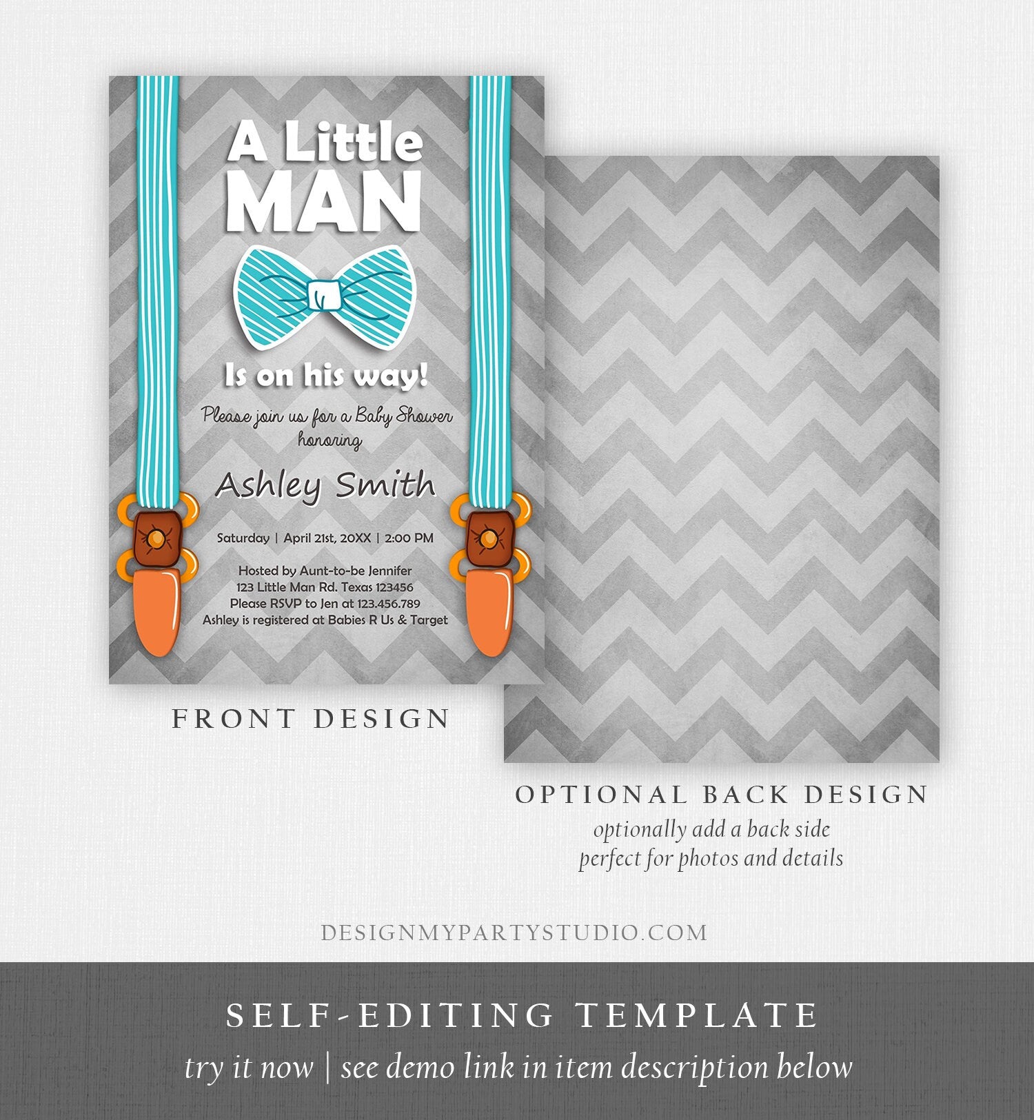 Editable Baby Shower Invitation Boy Little Man Baby Shower Bow Tie Blue Grey Modern Instant Download Printable Template Corjl Digital 0063