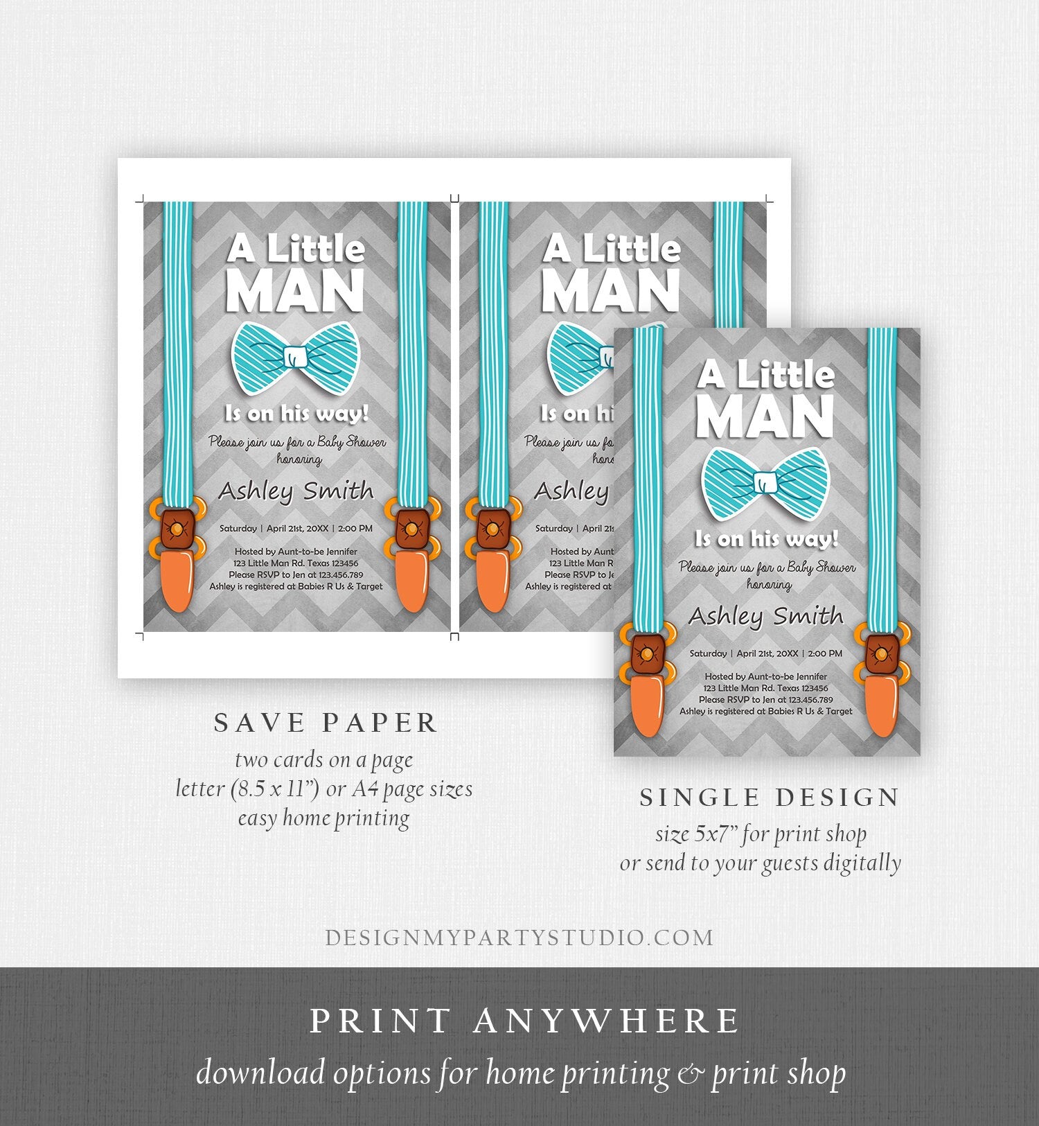 Editable Baby Shower Invitation Boy Little Man Baby Shower Bow Tie Blue Grey Modern Instant Download Printable Template Corjl Digital 0063