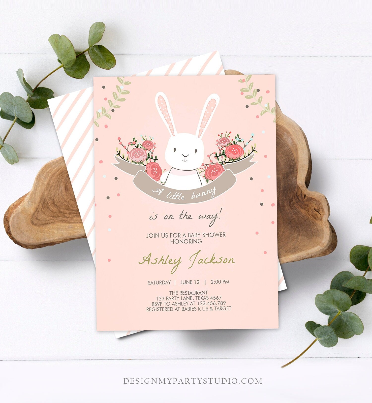 Editable Bunny Baby Shower Invitation Girl Little Bunny Baby Sprinkle Spring Floral Pink Download Printable Template Corjl Digital 0104