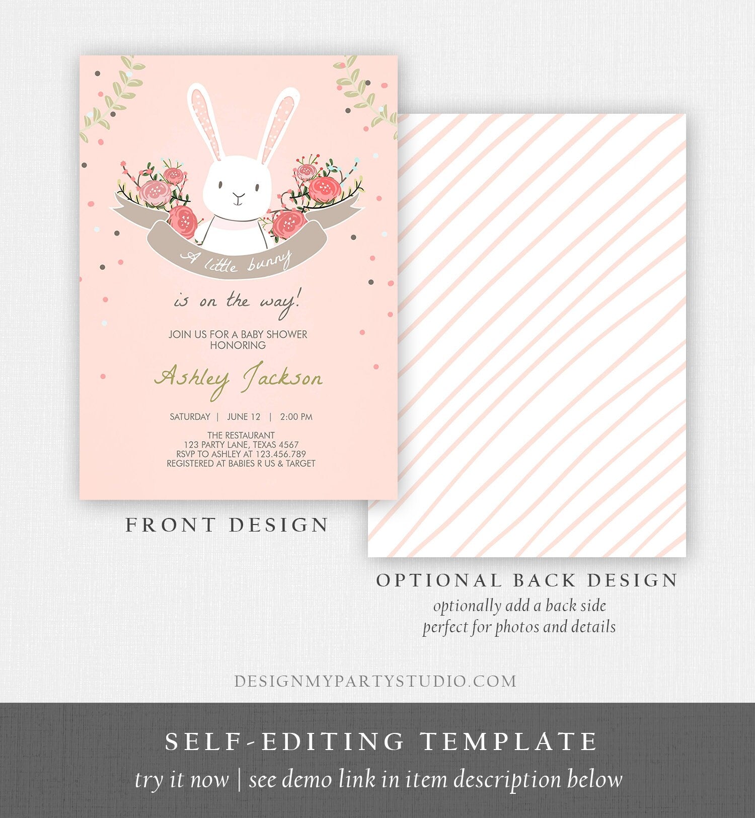 Editable Bunny Baby Shower Invitation Girl Little Bunny Baby Sprinkle Spring Floral Pink Download Printable Template Corjl Digital 0104