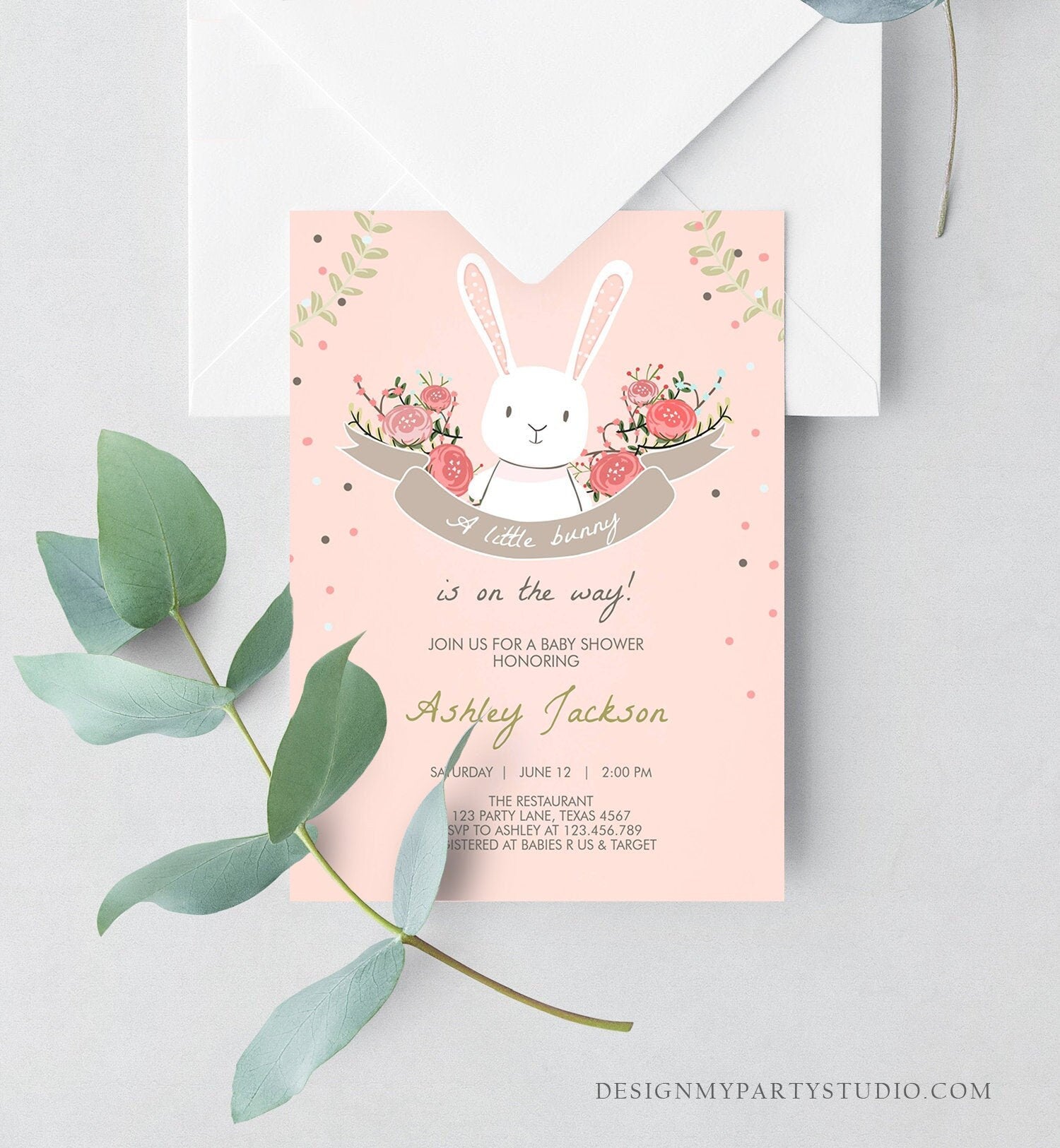 Editable Bunny Baby Shower Invitation Girl Little Bunny Baby Sprinkle Spring Floral Pink Download Printable Template Corjl Digital 0104