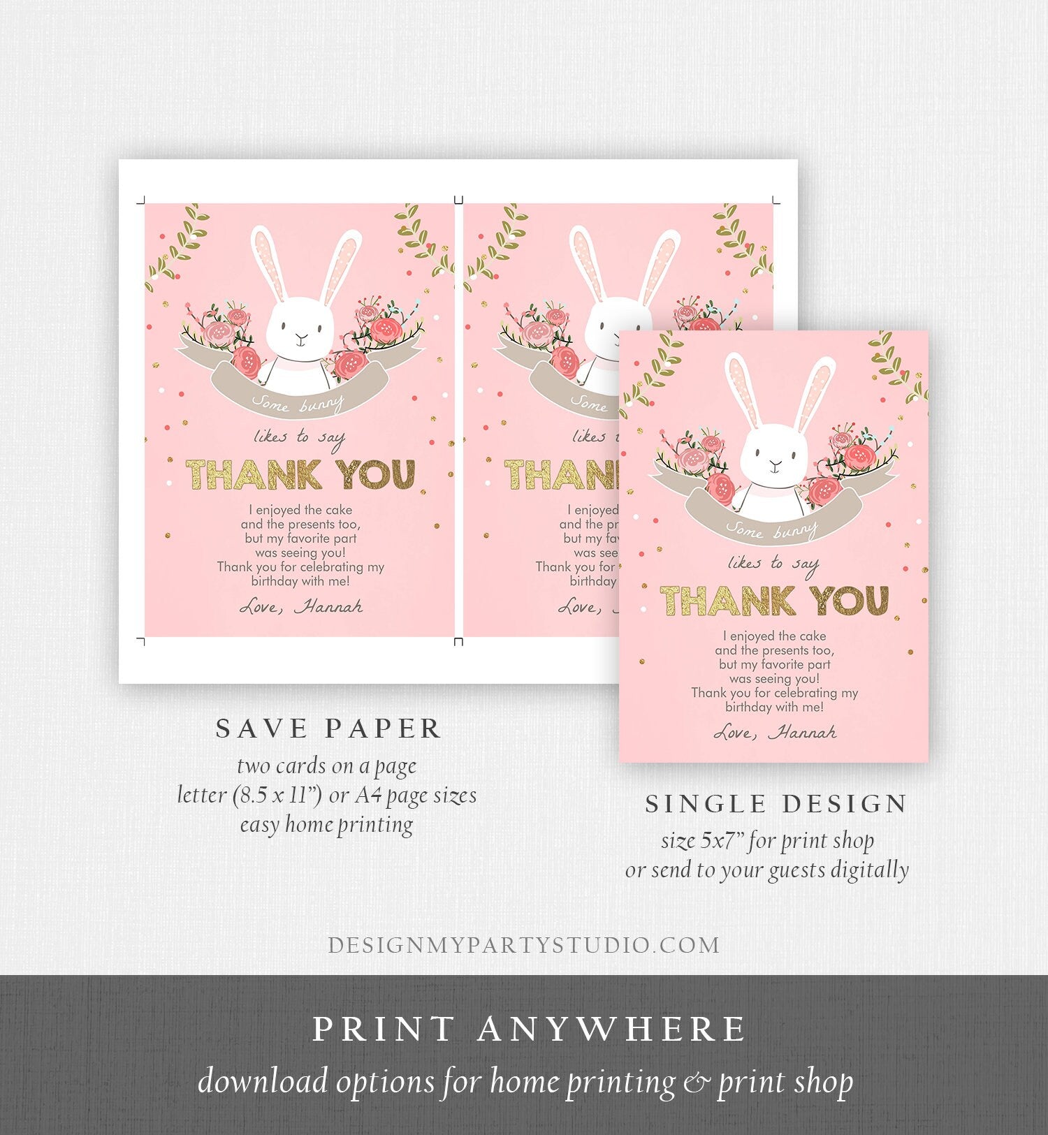 Editable Bunny Thank You Card Some Bunny Birthday Thank you Note Pink Gold Baby Shower Spring Download Printable Template Corjl Digital 0104