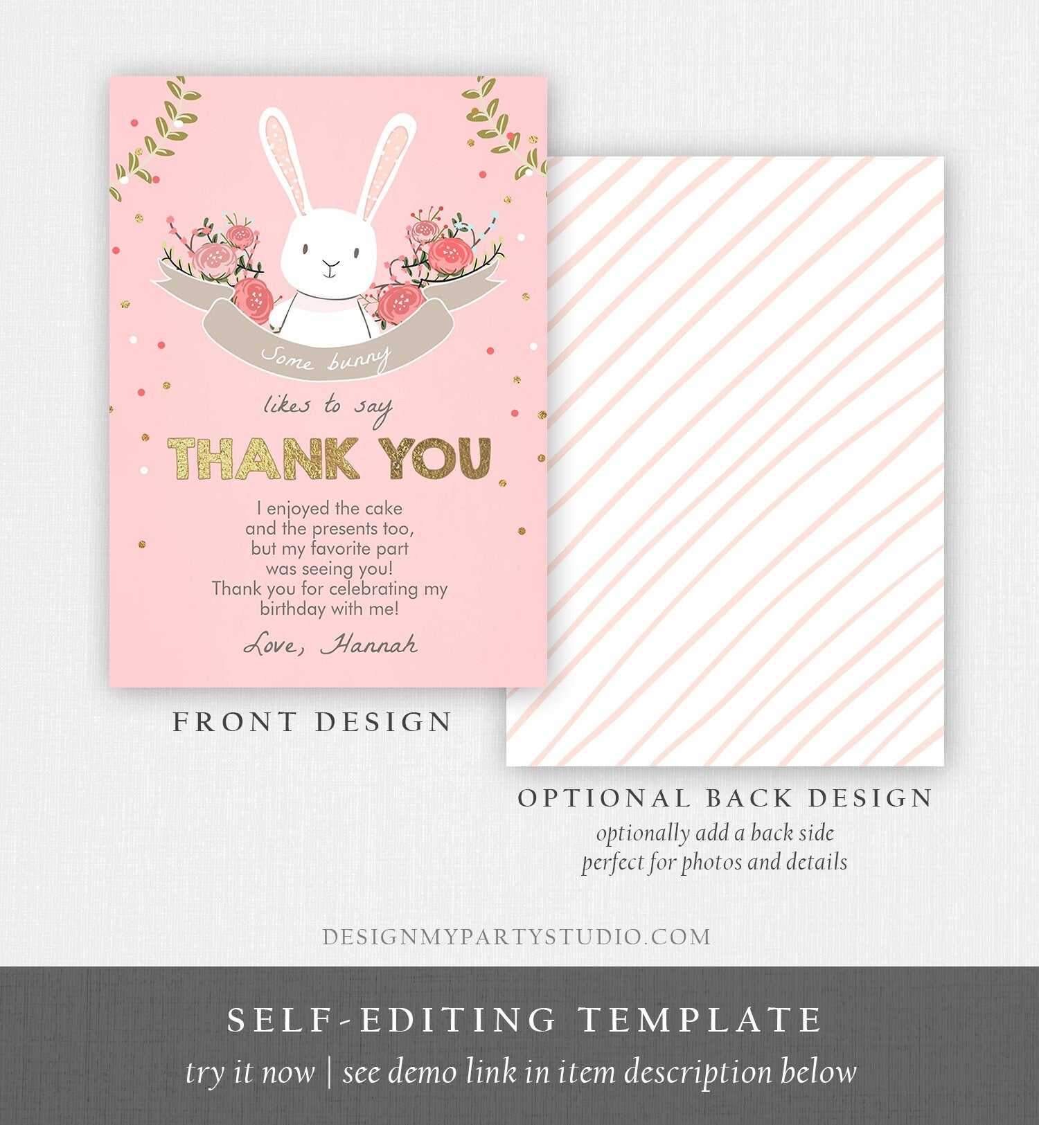 Editable Bunny Thank You Card Some Bunny Birthday Thank you Note Pink Gold Baby Shower Spring Download Printable Template Corjl Digital 0104