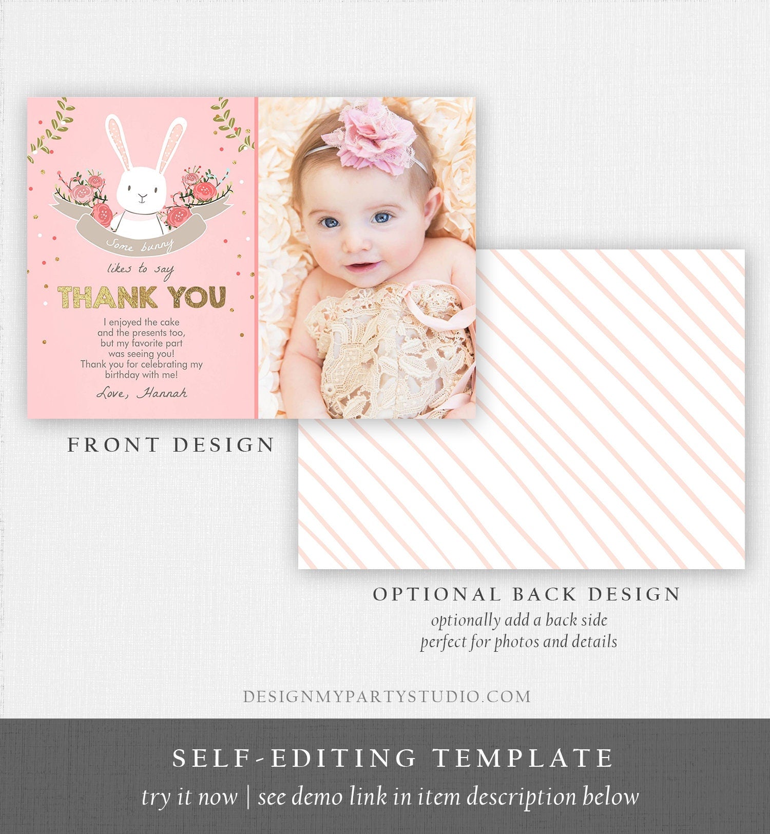 Editable Bunny Thank You Card Some Bunny Birthday Thank you Note Pink Gold Baby Shower Spring Download Printable Template Corjl Digital 0104