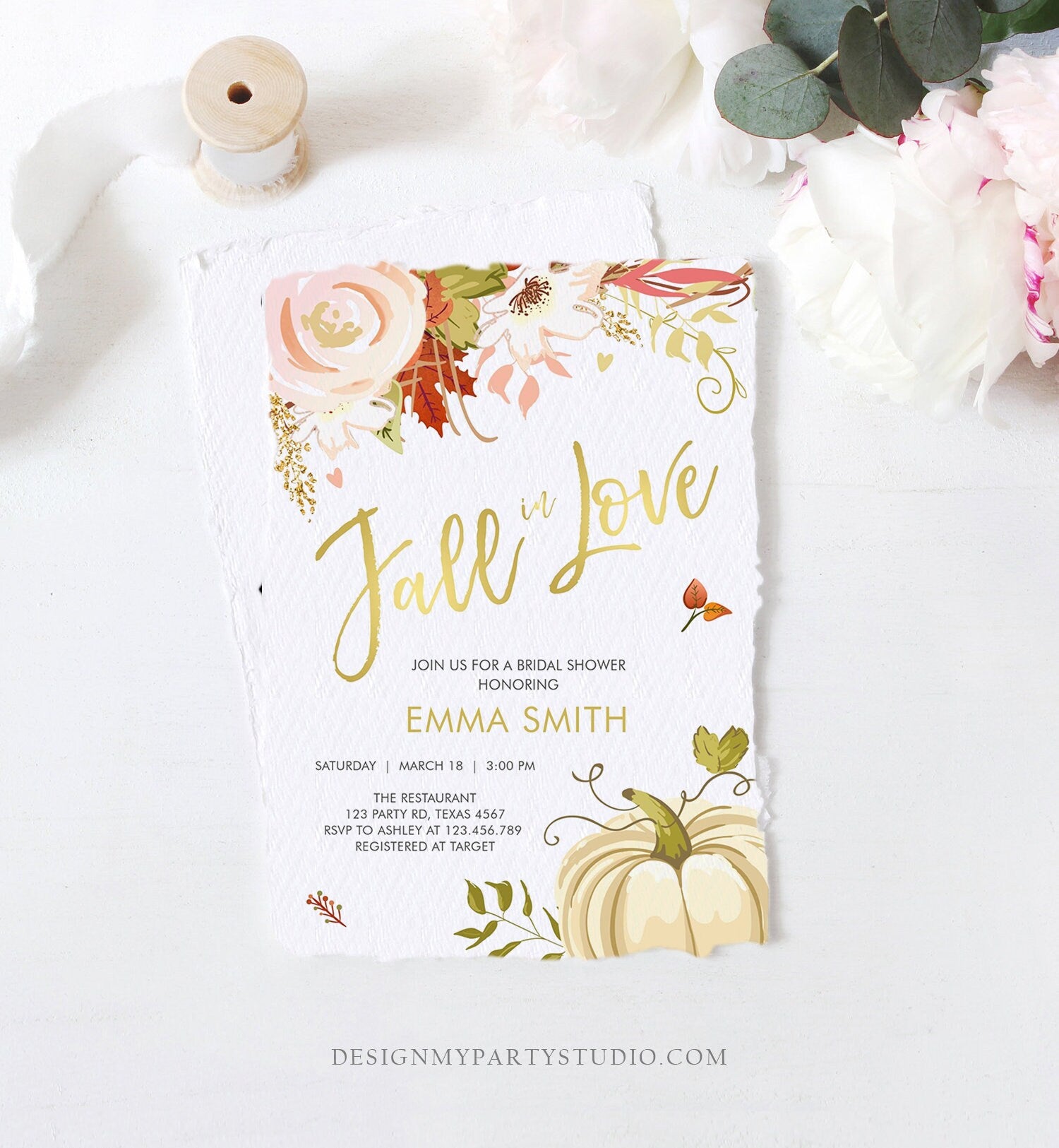 Editable Fall in Love Bridal Shower Invitation Pumpkin Autumn Floral Flowers Pink Gold Rustic Party Engagement Wedding Corjl Template 0176