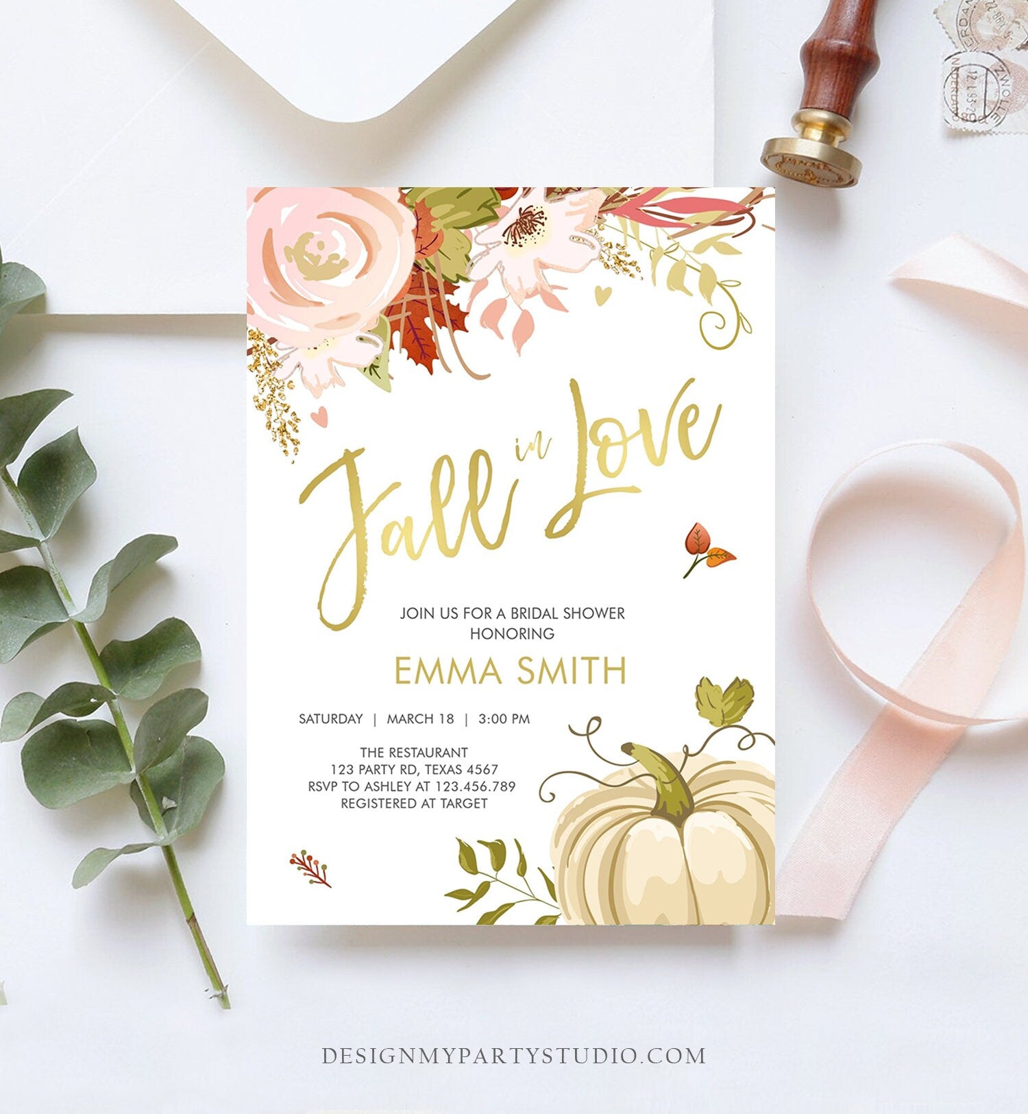 Editable Fall in Love Bridal Shower Invitation Pumpkin Autumn Floral Flowers Pink Gold Rustic Party Engagement Wedding Corjl Template 0176