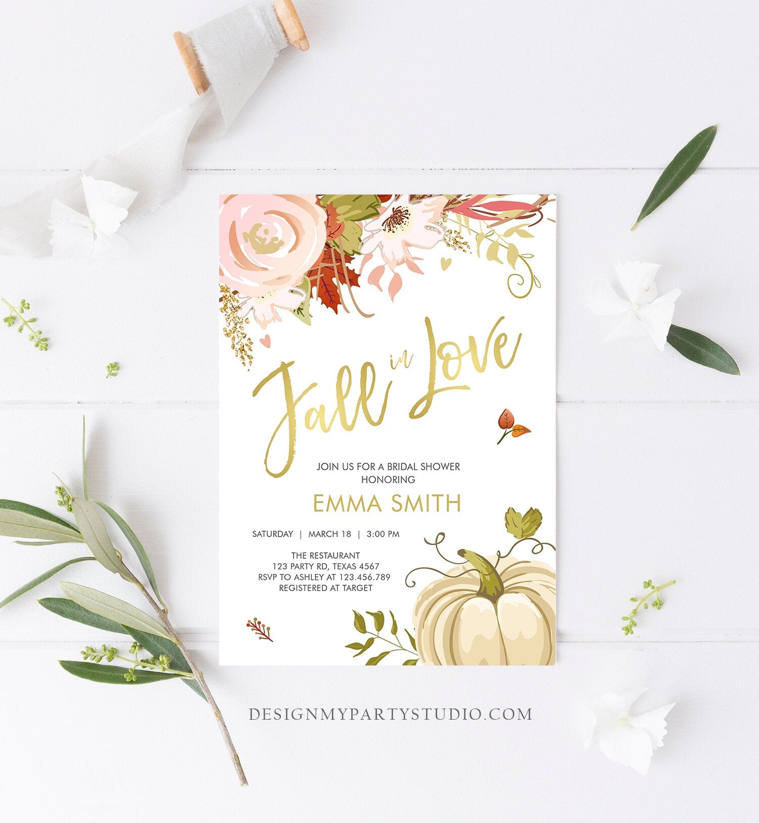 Editable Fall in Love Bridal Shower Invitation Pumpkin Autumn Floral Flowers Pink Gold Rustic Party Engagement Wedding Corjl Template 0176