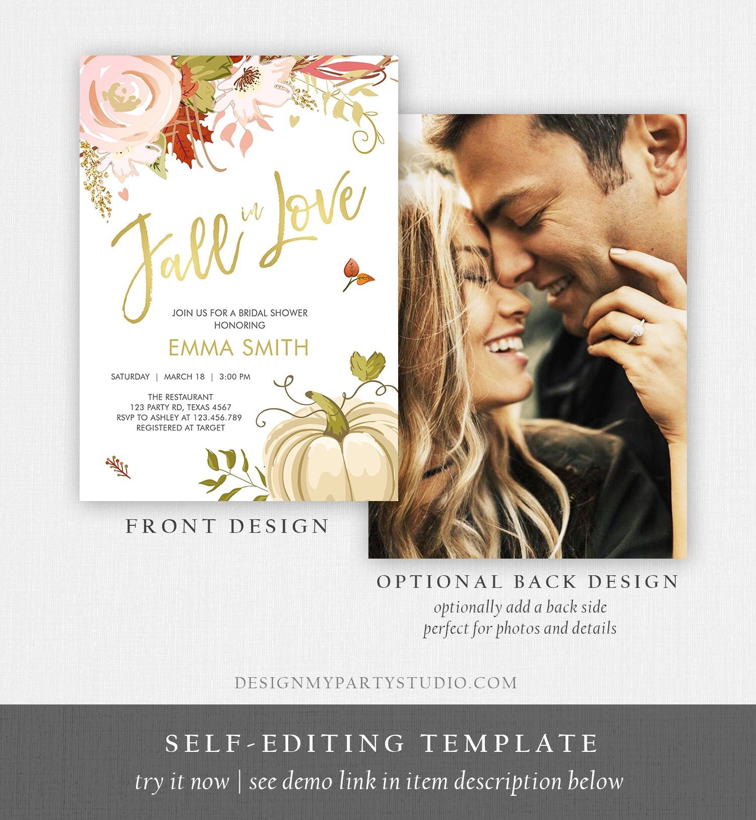 Editable Fall in Love Bridal Shower Invitation Pumpkin Autumn Floral Flowers Pink Gold Rustic Party Engagement Wedding Corjl Template 0176