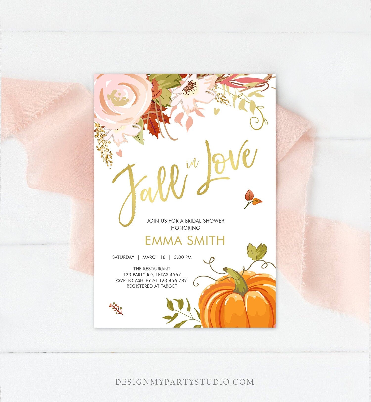 Editable Fall in Love Bridal Shower Invitation Pumpkin Autumn Floral Flowers Pink Gold Rustic Party Engagement Wedding Corjl Template 0176