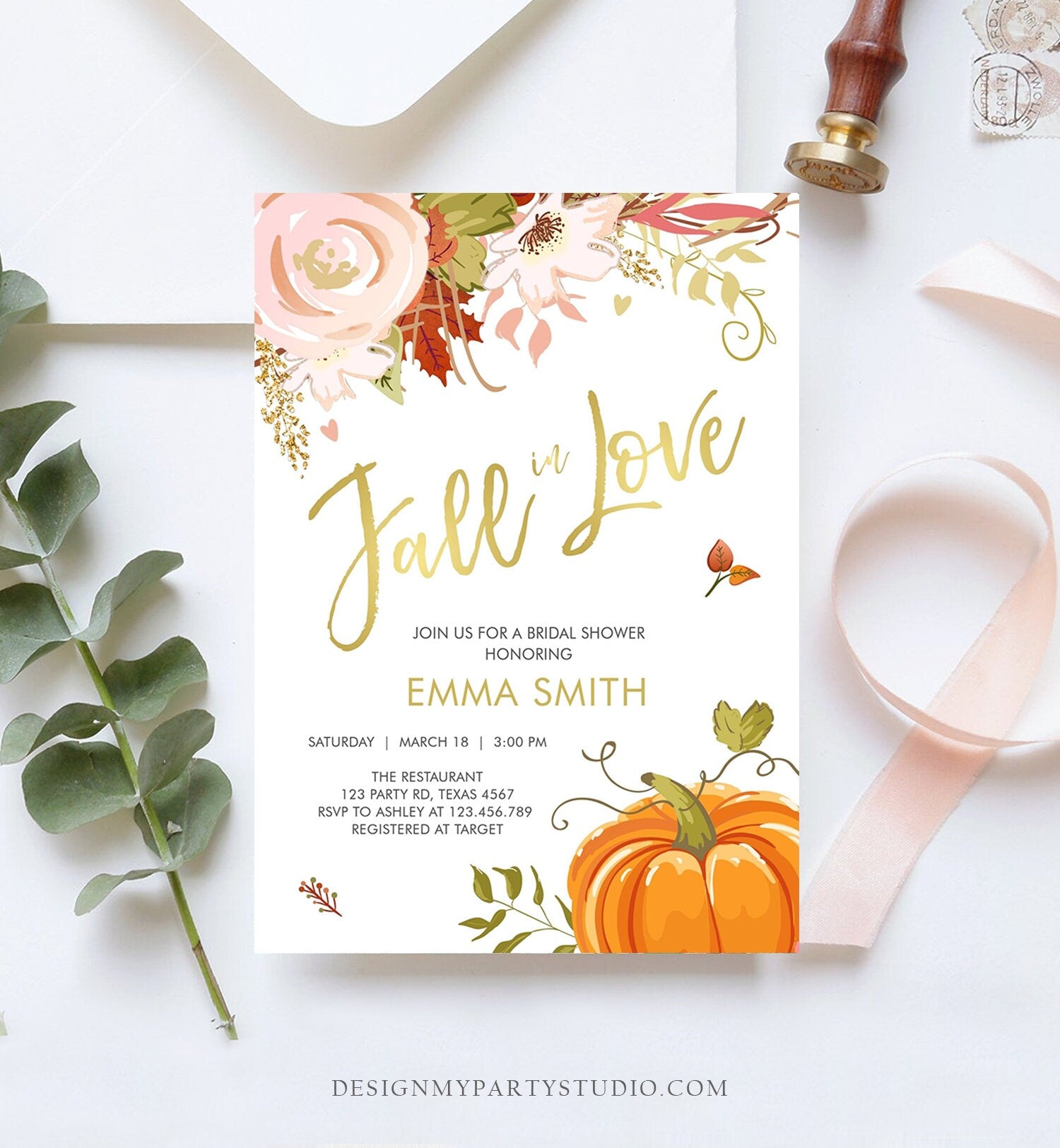 Editable Fall in Love Bridal Shower Invitation Pumpkin Autumn Floral Flowers Pink Gold Rustic Party Engagement Wedding Corjl Template 0176