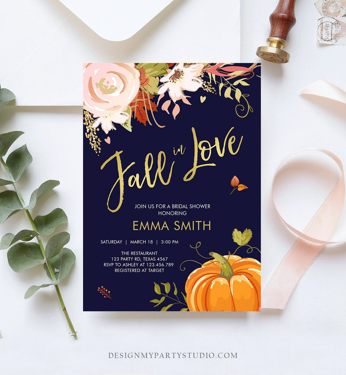 Editable Fall in Love Bridal Shower Invitation Pumpkin Autumn Floral Flowers Pink Gold Rustic Party Engagement Navy Blue Corjl Template 0176