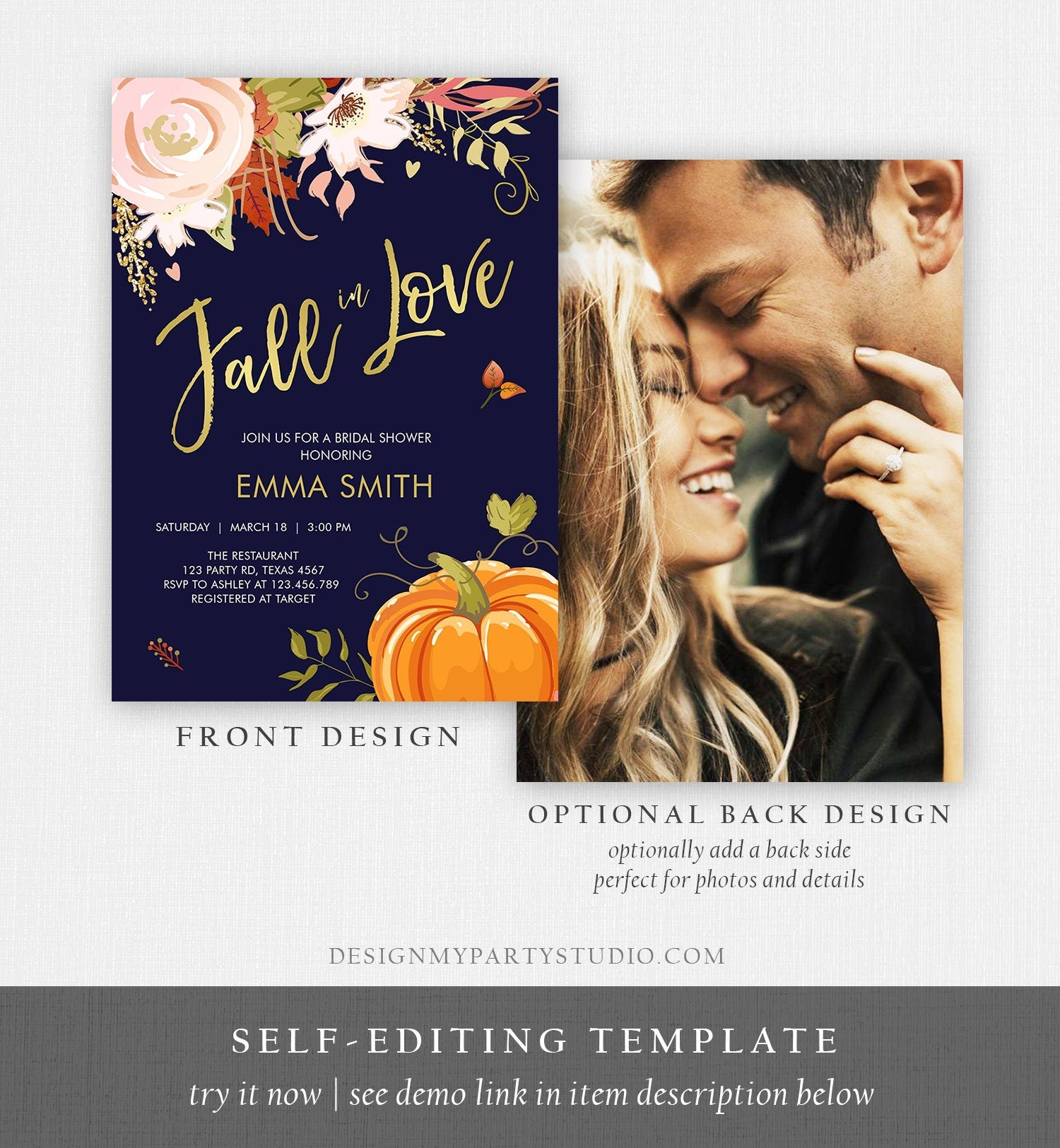 Editable Fall in Love Bridal Shower Invitation Pumpkin Autumn Floral Flowers Pink Gold Rustic Party Engagement Navy Blue Corjl Template 0176