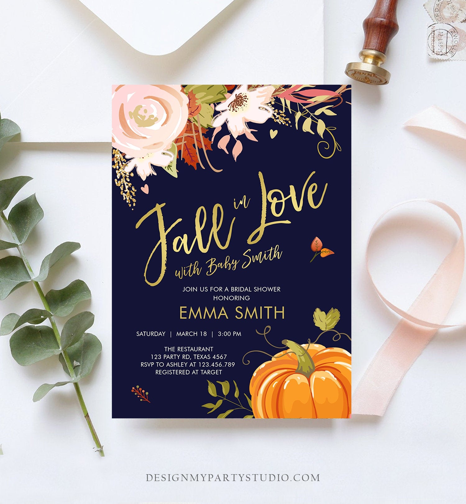 Editable Fall in Love Baby Shower Invitation Pumpkin Autumn Floral Flowers Pink Gold Rustic Party Sprinkle Coed Navy Corjl Template 0176